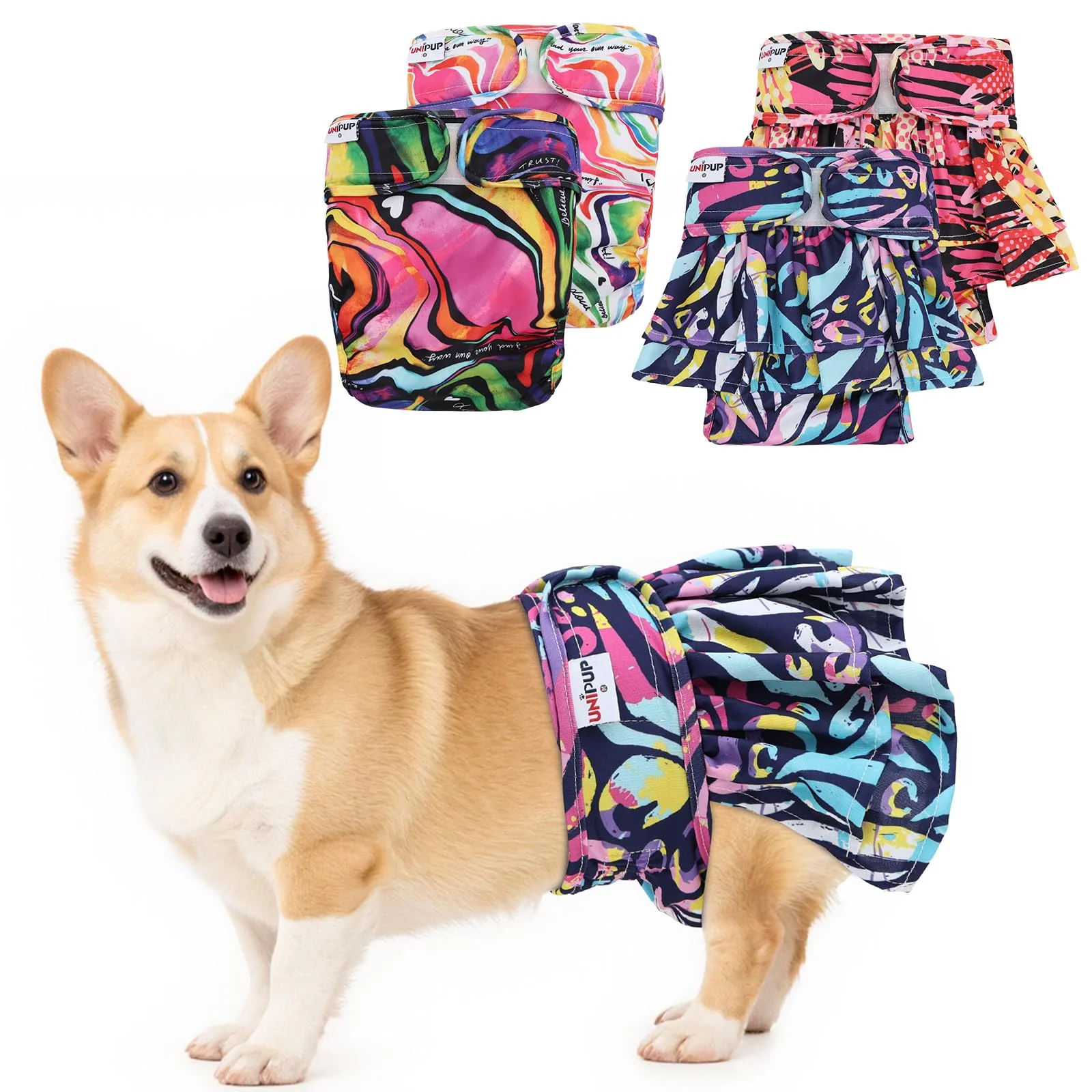 Traditional UNIPUP No Tail Hole Female Dog Diapers – Reusable Washable for Docked-Tail Breeds 2 Regular 2 Skirts High-Grade