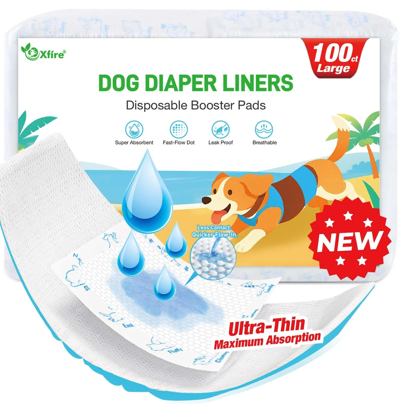 Original Xfire Dog Diaper Liners 100ct – Ultra-Thin Super Absorbent Booster Pads for Large Dogs Smart