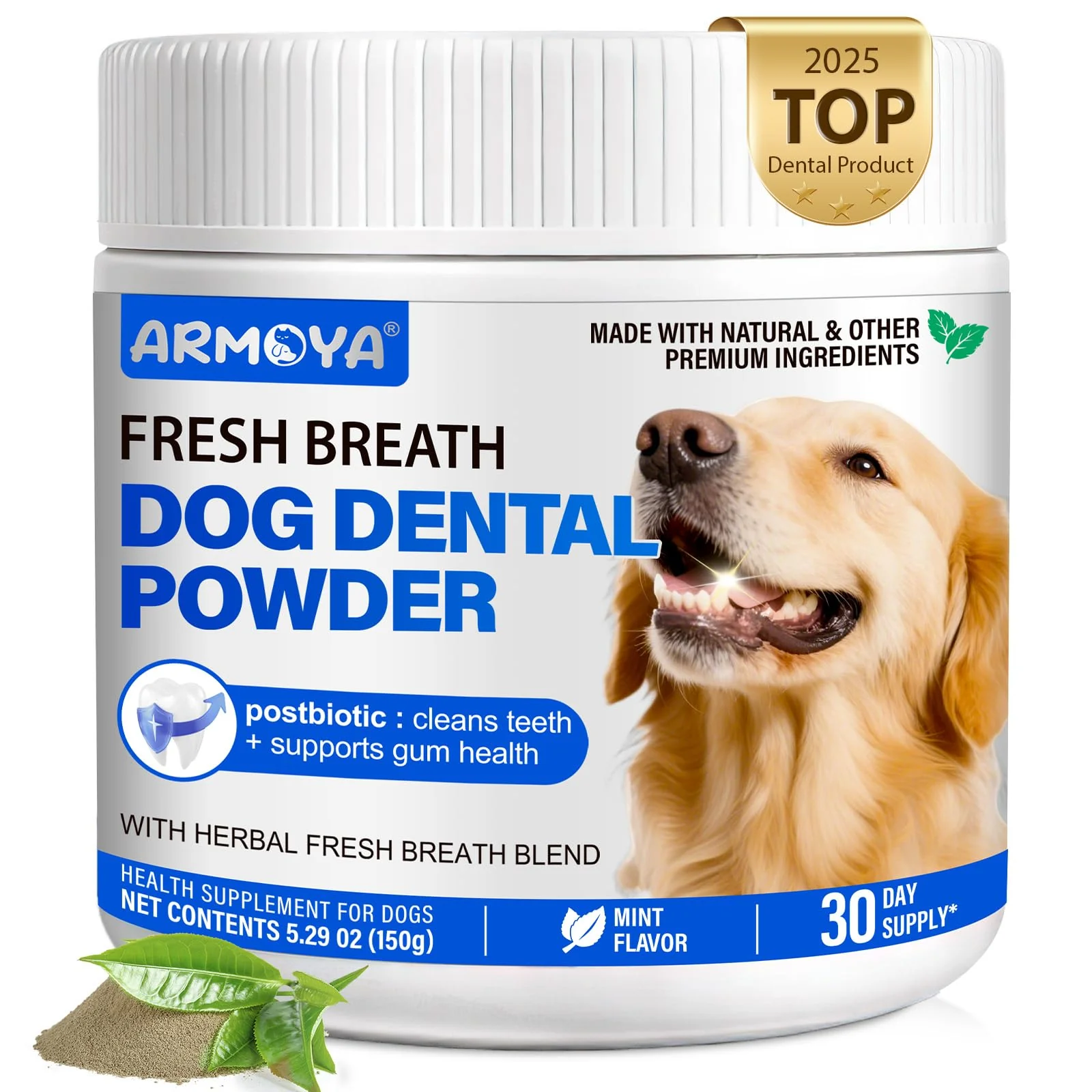 User-Friendly ARMOYA Dog Teeth Cleaning Powder – Mint Flavor Postbiotics 30 Day Supply Crafted