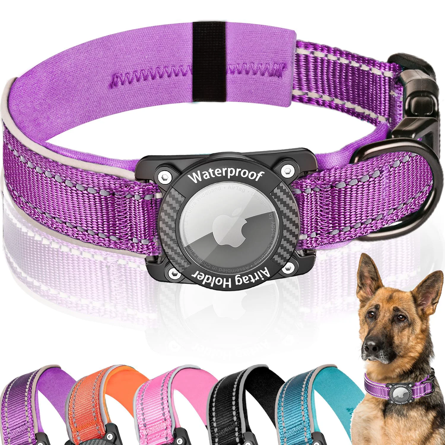 Comfortable AgoumLux Upgraded AirTag Dog Collar – IP68 Waterproof Reflective Soft Padded Nylon Collar Purple L Outstanding