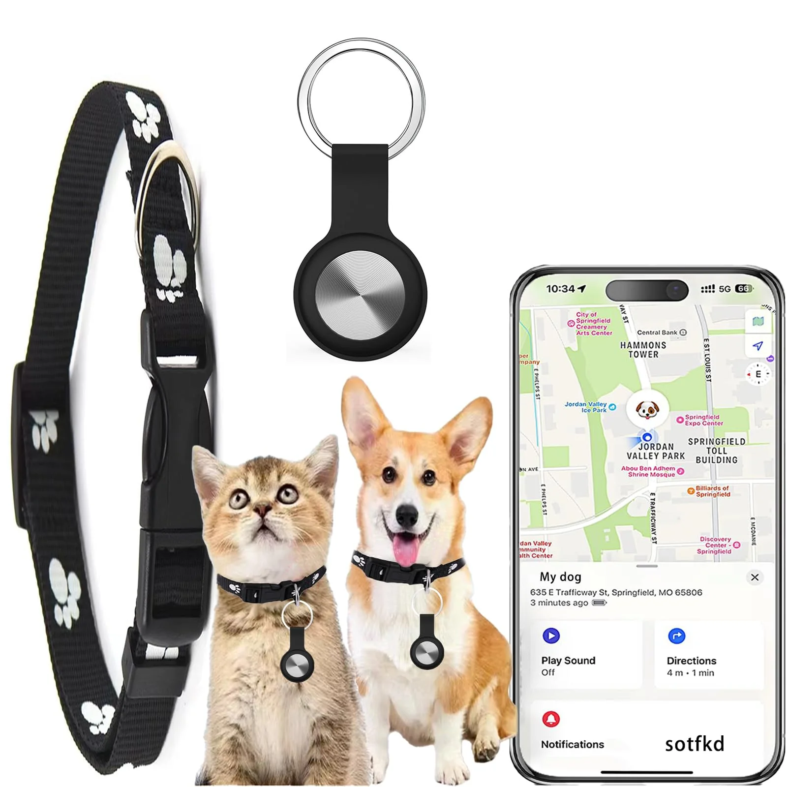 Fast sotfkd Cat Tracker Collar – GPS Tracker for Dogs Cats No Monthly Fee Android iOS Universal Official