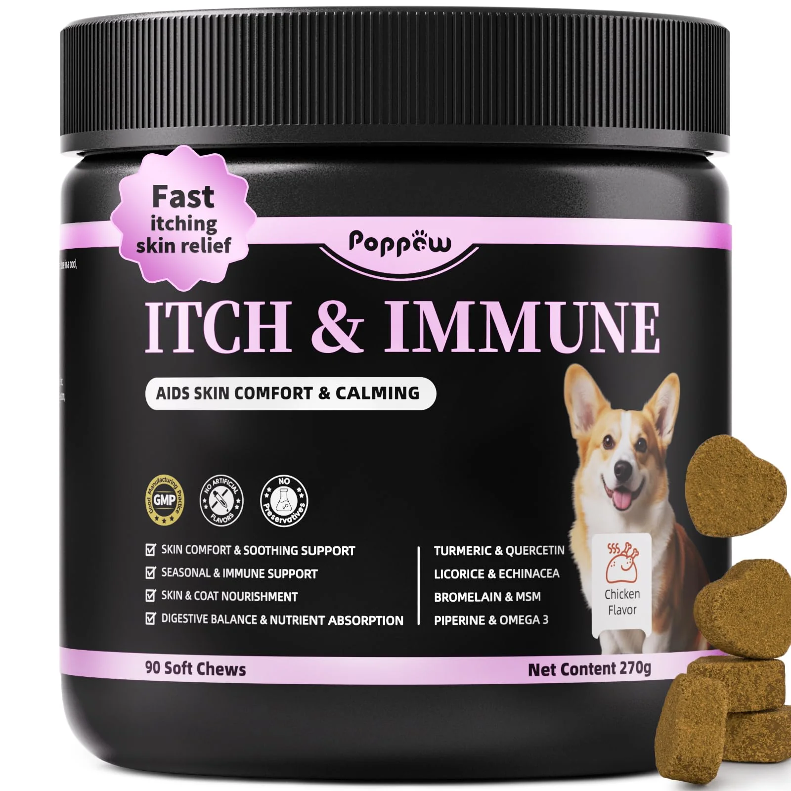 Innovative POPPAW Dog Allergy Relief Chews – Turmeric Omega-3 Quercetin for Skin Comfort Coat Health Seasonal Support 90 Count Durable