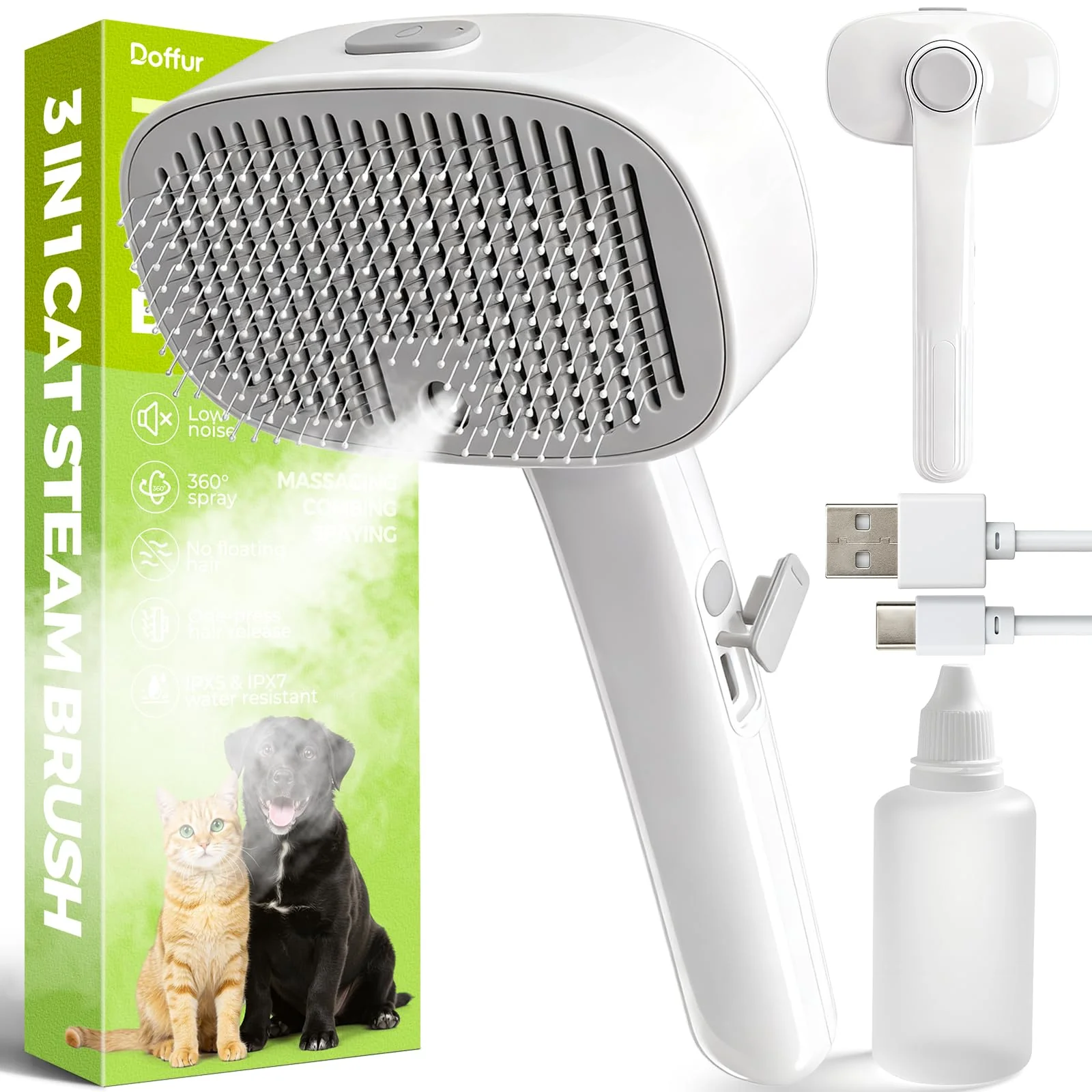 Specialty Doffur Pet Steam Brush — 3-in-1 Deshedding for Cats Dogs 60mL Tank Dual Mist Eco-Friendly