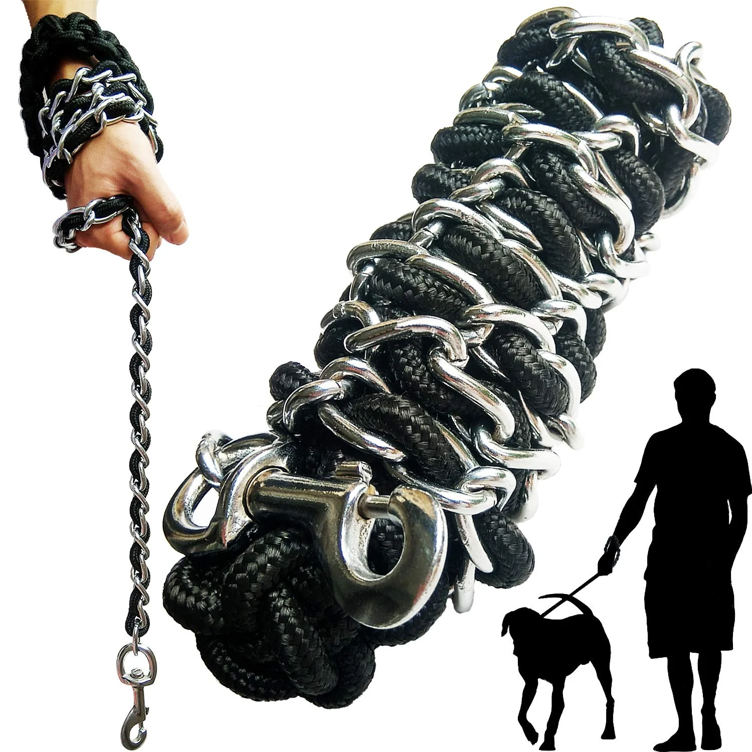 User-Friendly AncBace Heavy Duty Dog Leash — Chrome Chain Nylon Rope 5.5ft 360° Hook Collar Easy-to-Use