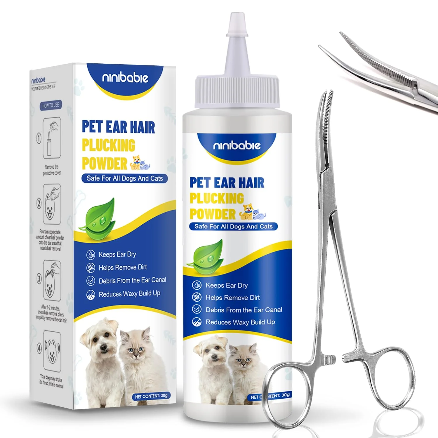 Modern Ninibabie Updated Dog Ear Powder with 5.5-Inch Hemostat – Hair Removal Ear Cleaning Odor Control Environmentally Friendly