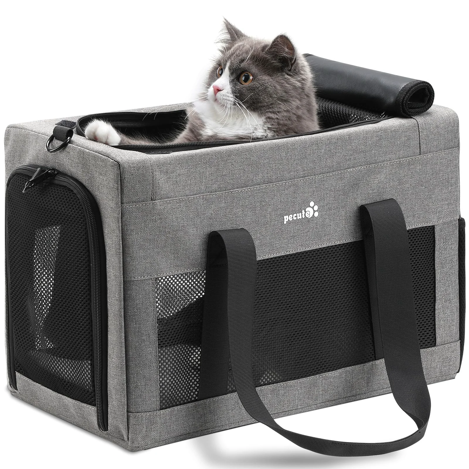 Enhanced Pecute Airline- Cat Carrier Soft-Sided Travel Carrier for Pets Under 12lbs Gray Recyclable