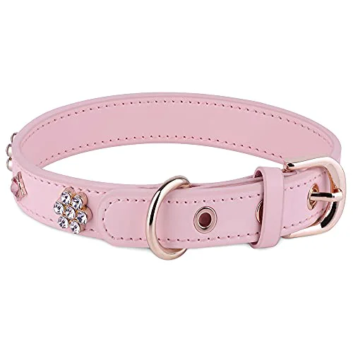 Unique JAX PLANET PU Leather Rhinestone Dog Collar – Pink Soft Padded Bling with Diamond Crystals Metal Flowers Natural