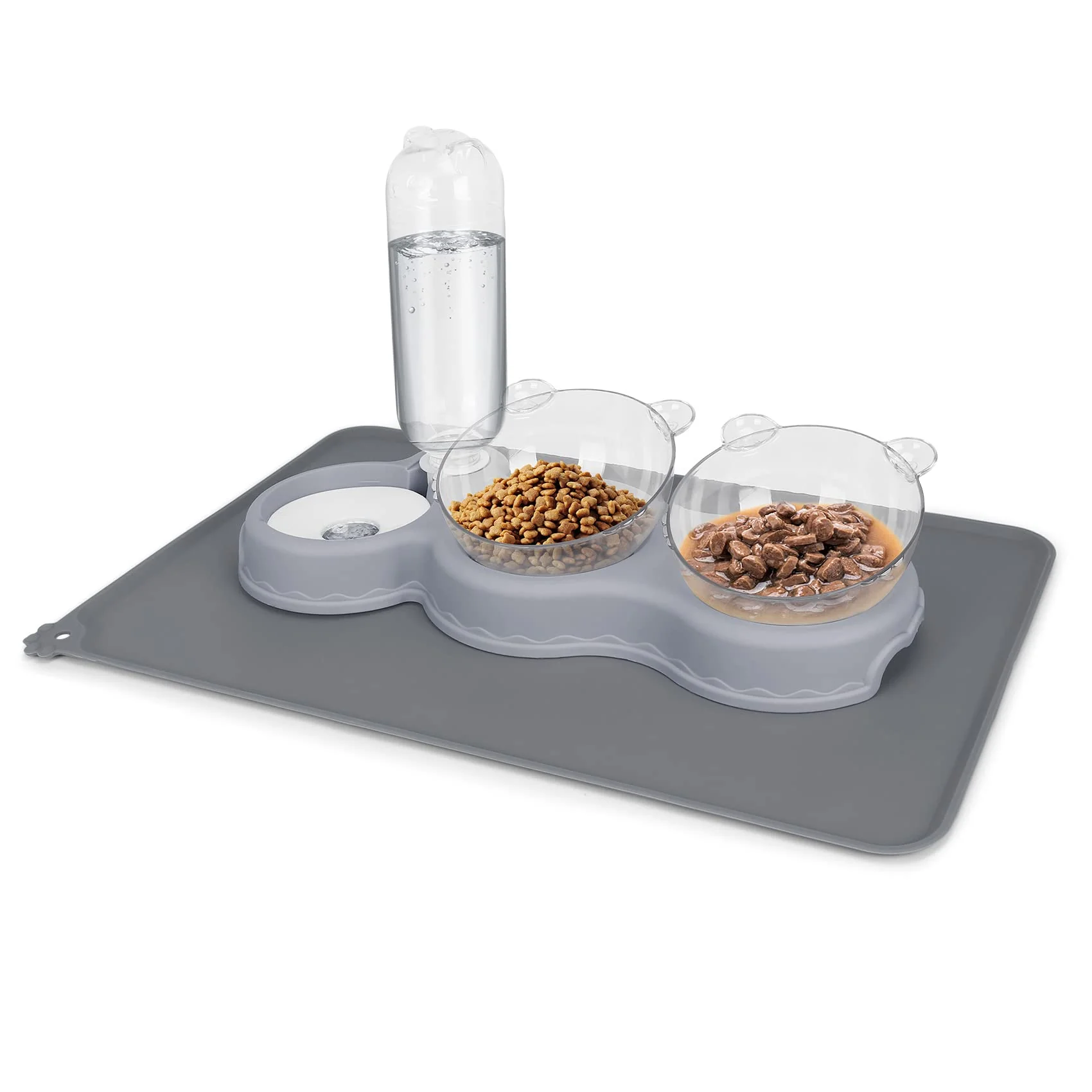Relaxed YECERCAN Triple Cat Bowls — Raised 3-in-1 Feeder with Auto Water Mat Versatile