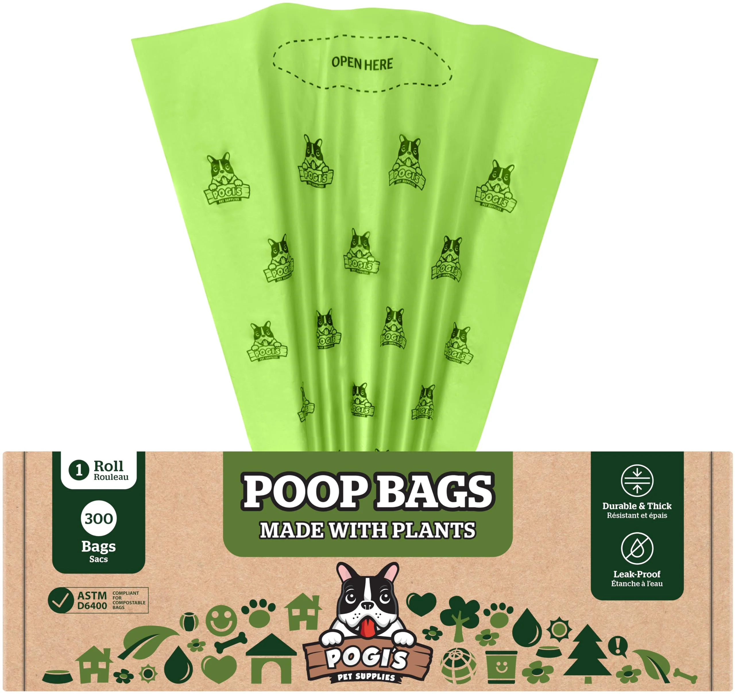Soft Pogi’s Compostable Poop Bags for Home Yard – Extra-Large Leak-Proof Plant-Based 300-Count Reusable