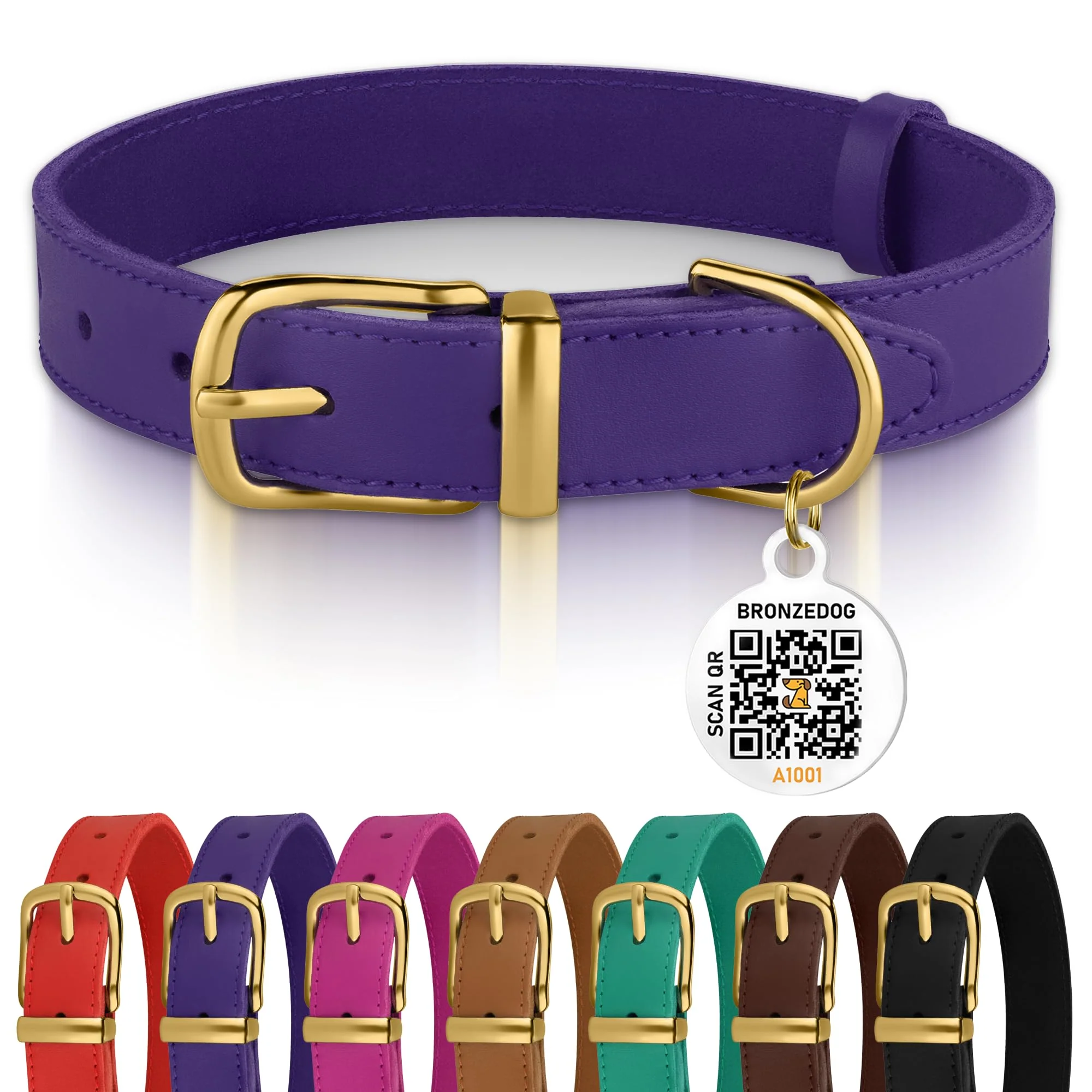 User-Friendly BRONZEDOG Leather Dog Collar with Metal Buckle – 19-21 in Purple Gold Buckle Leather Durable Certified
