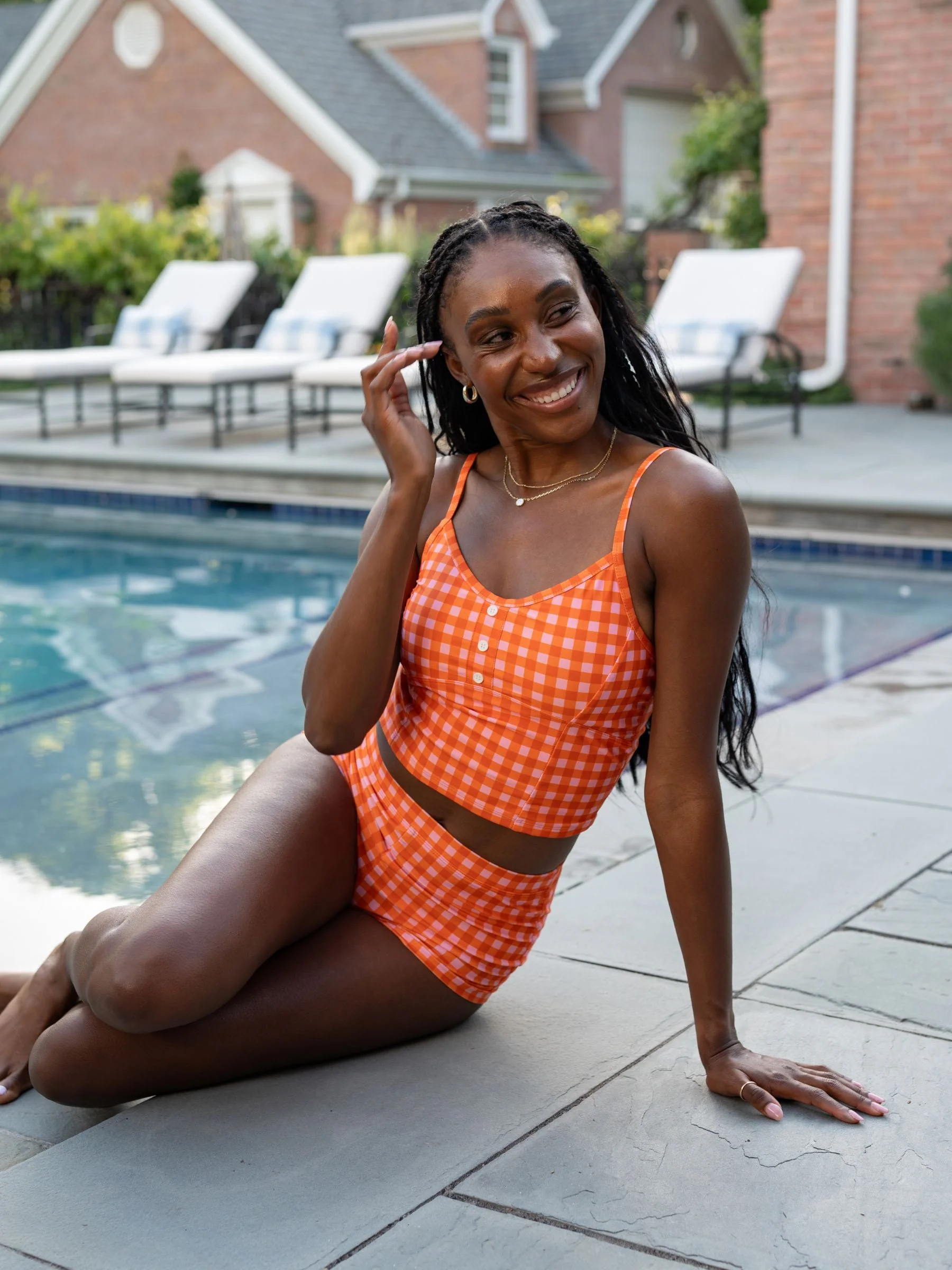 Comfortable Orange Gingham Button Crop Top Certified