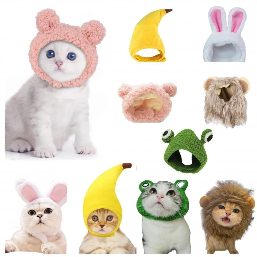 Organic MenPets 5-Piece Cat Hats Set – Adjustable Kitten Headwear Rabbit Frog Lion Mane Banana Pink Bear Original