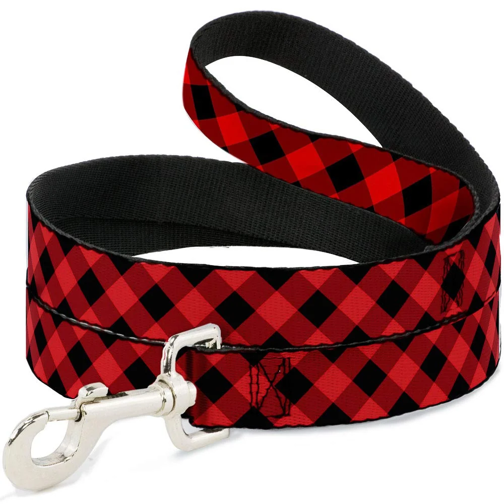 Fast Buckle-Down Pet Leash – Diagonal Buffalo Plaid Black Red 4 ft long x 1.5 in wide Made in USA Dependable