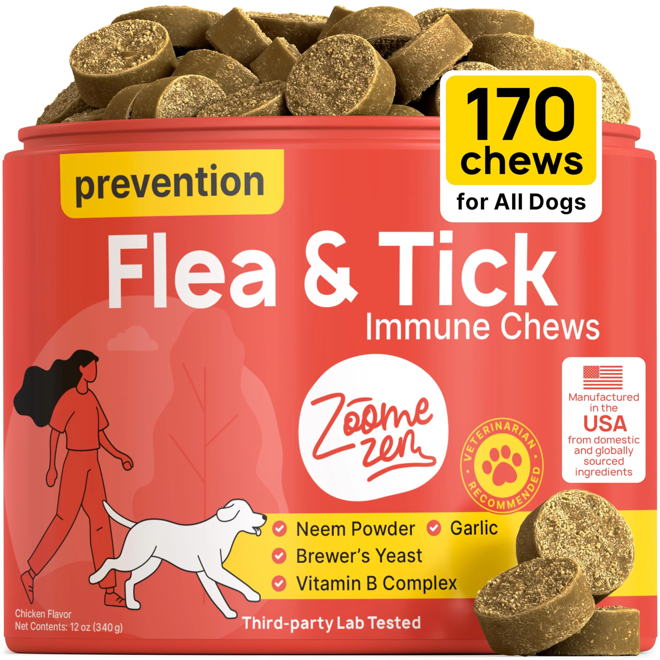 Certified ZOOMEZEN Flea Tick Chewables for Dogs – Chicken Flavor All Breeds Made in USA Recyclable
