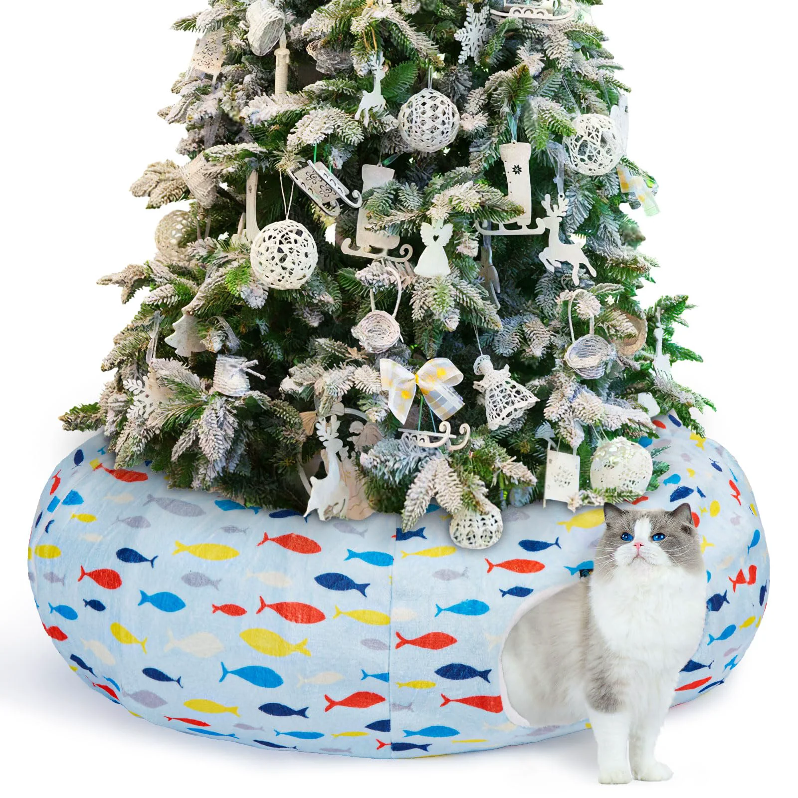 Smart Ownpets Large Cat Tunnel Bed Under Christmas Tree — Plush Blue Donut Tunnel Fine Crafted
