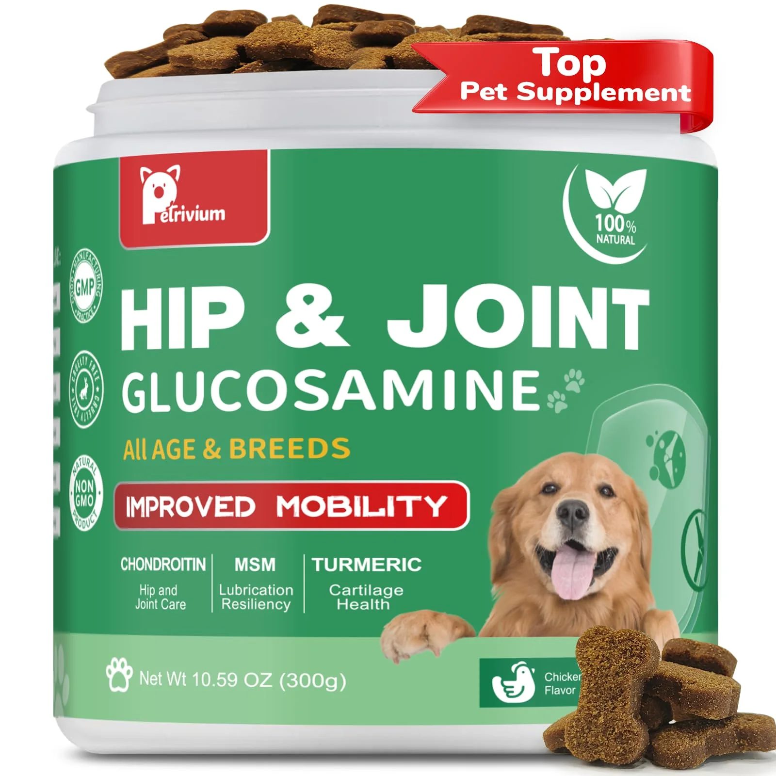 Fine Crafted Petrivium Dog Hip Joint Supplement – Glucosamine Turmeric 150 Soft Chews Modern