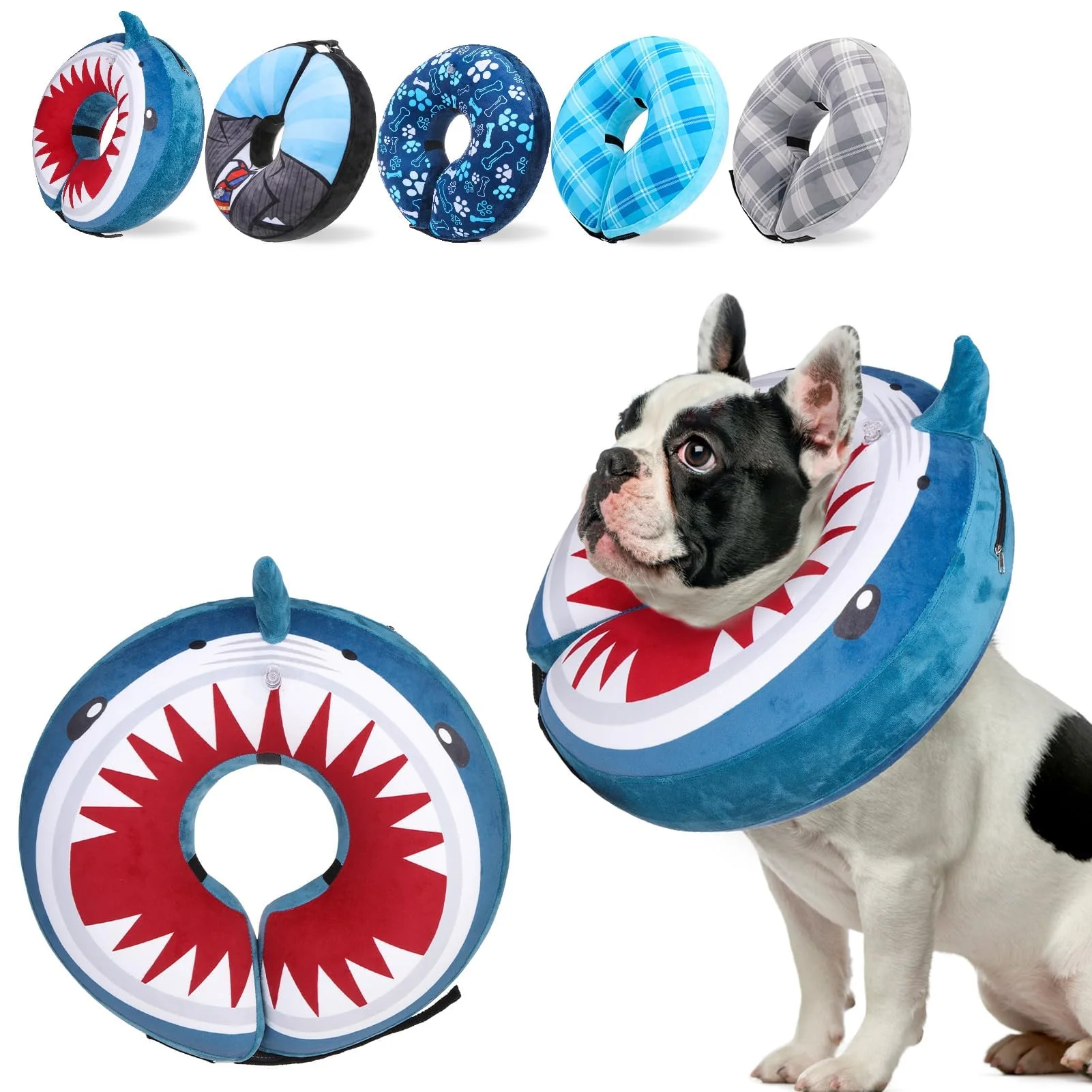 Official SCENE Dog Cone – Adjustable Inflatable Donut Collar for Pets Shark Print Functional