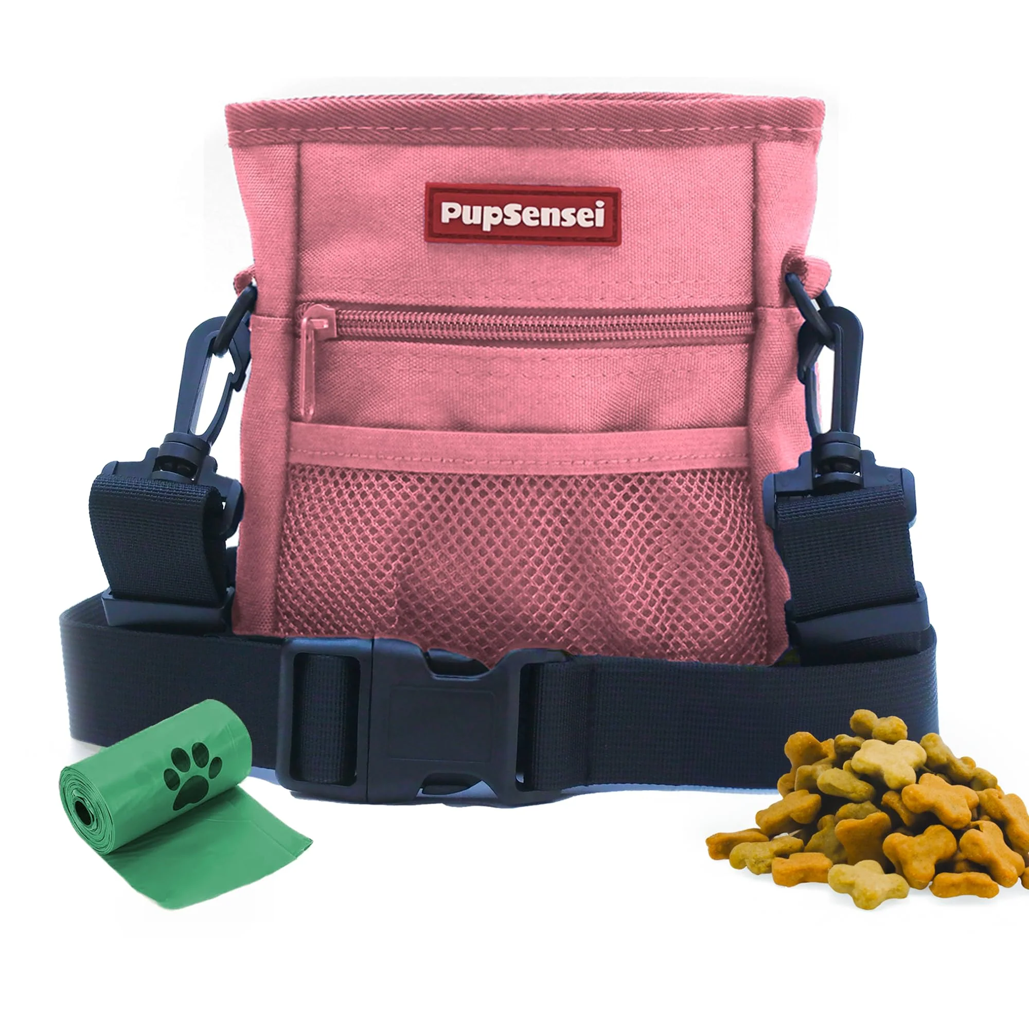 Fine Crafted PupSensei Dog Treat Pouch – Durable Oxford No-Spill Magnetic Closure 3-Cup Training Pouch with Built-in Poop Bag Dispenser Light Pink Verified