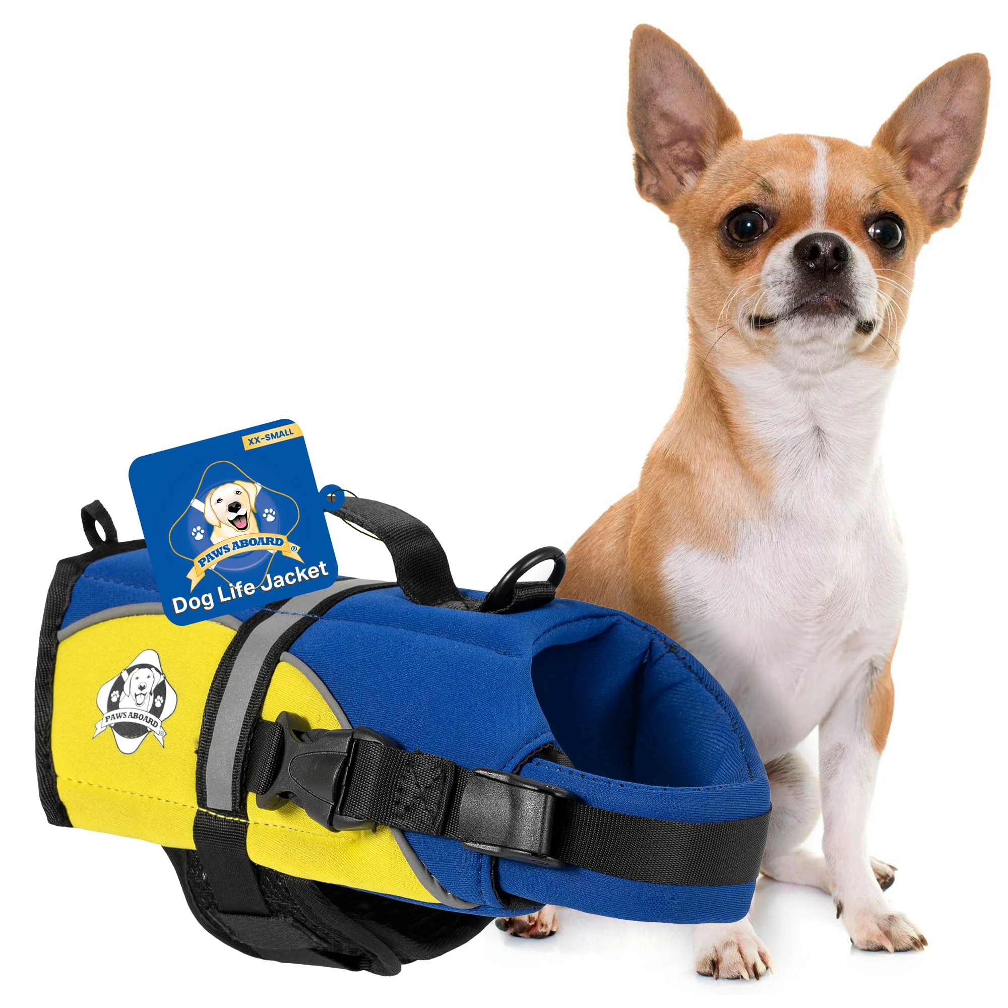 Authentic Paws Aboard Dog Life Jacket XX-Small to Extra Large Adjustable Reflective Comfortable Swim Vest – Blue Yellow Classic