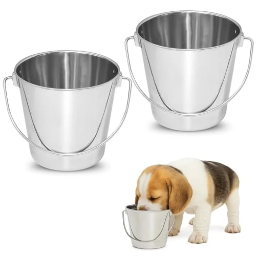 Recyclable AASPIRE PETS 1 Quart Heavy Duty Stainless Steel Round Bucket with Handle – Pack of 2 for Small Pets Kennels and Farms Clean