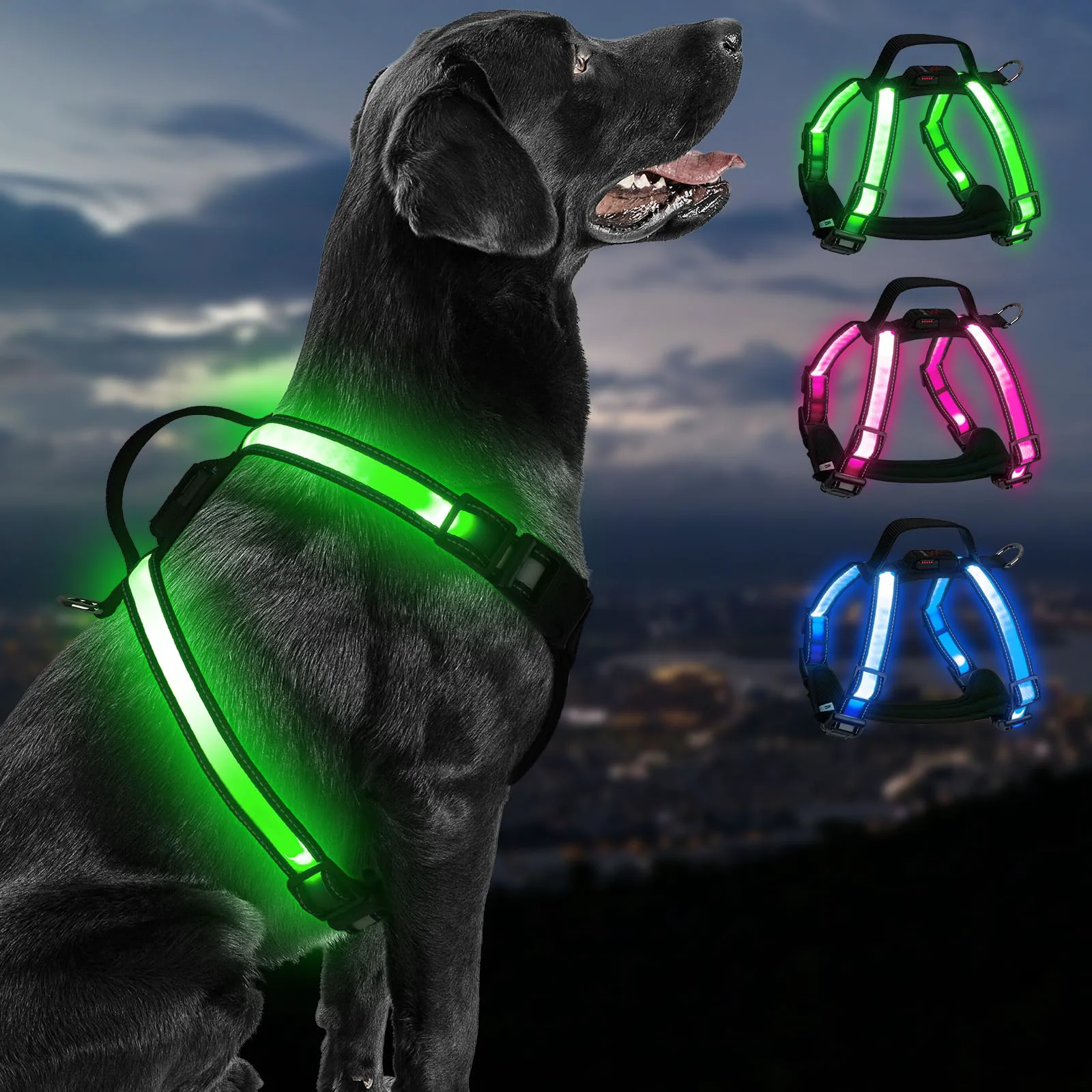 Pure PZRLit Rechargeable LED Dog Harness – Multi-Color Glow USB-C Reflective Strips Waterproof Safety Vest Lightweight
