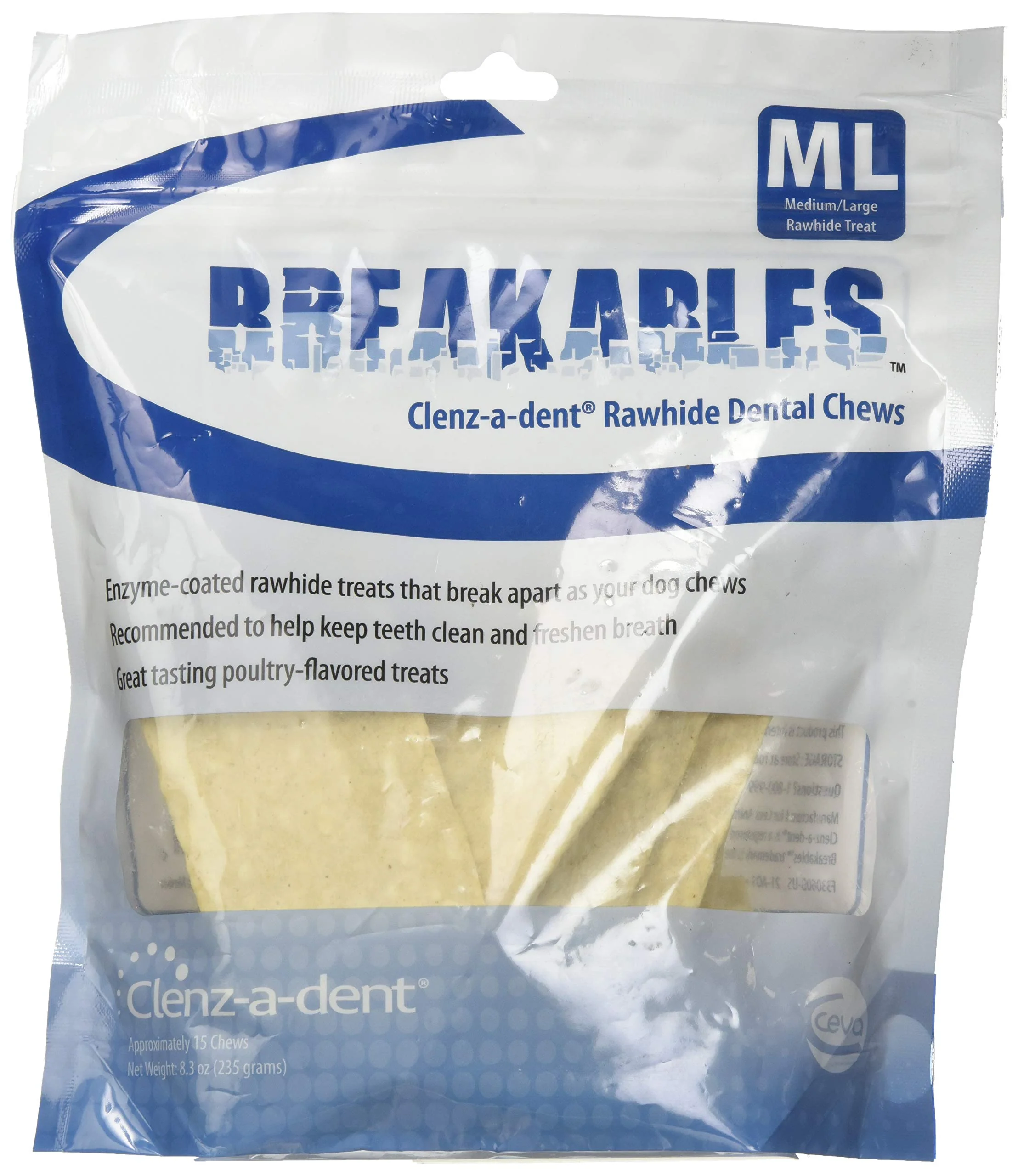 Reusable Ceva Breakables Clenz-A-Dent Rawhide Dental Chews for Dogs 11-50 lb – 15 Count Functional