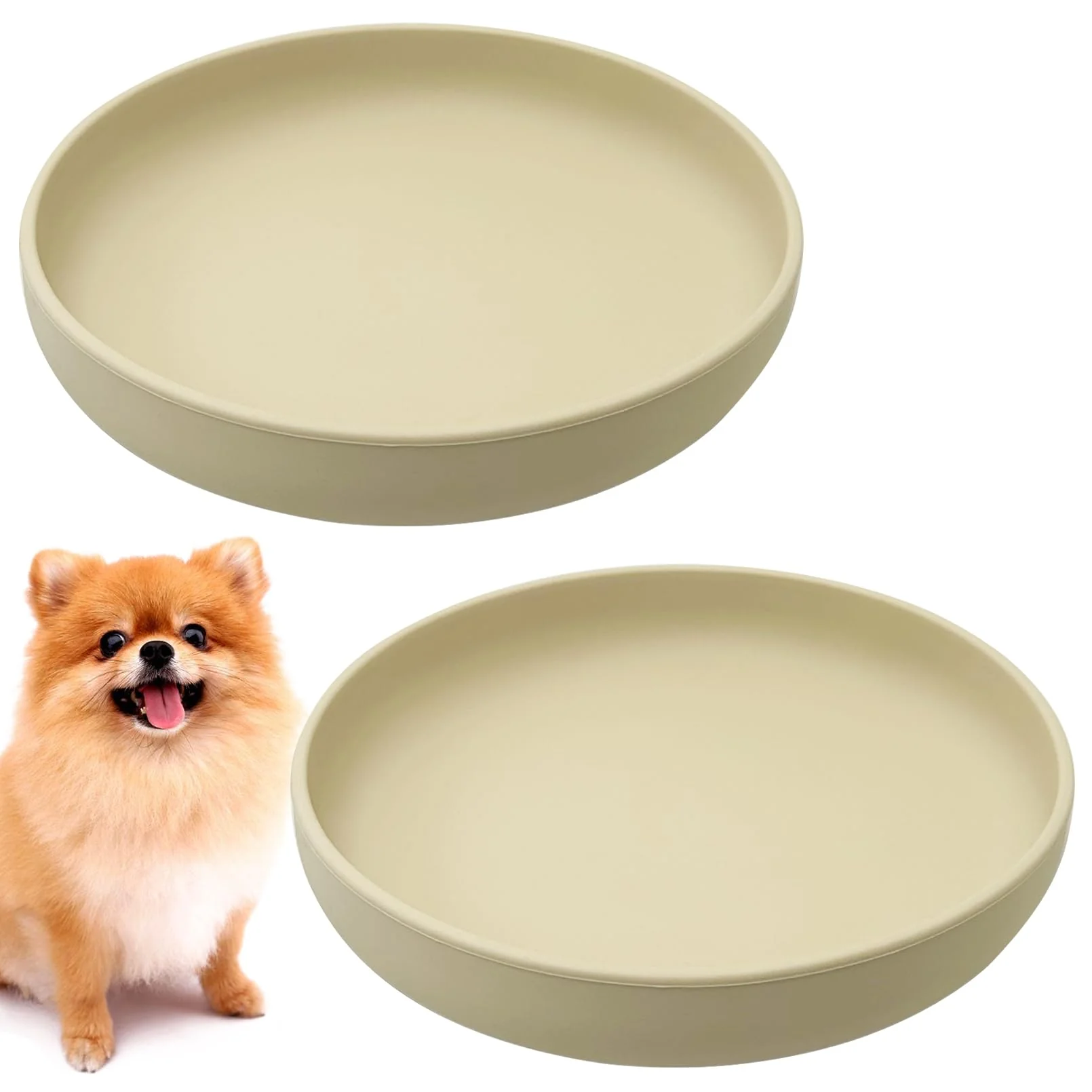 Functional Apatal Silicone Dog Bowls Set of 2 – Flat Design with Suction Cup Beige Genuine