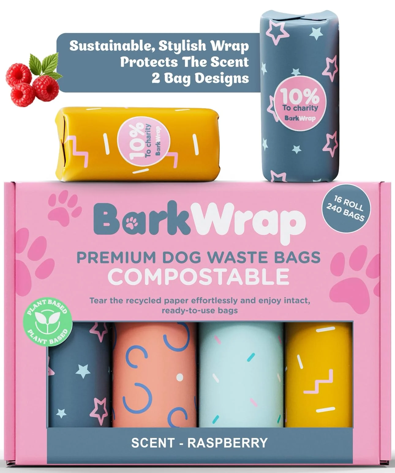 Enhanced BARKWRAP BAG 240 Biodegradable Dog Poop Bags – Raspberry Scented Extra Thick Compostable Leak-Proof Excellent