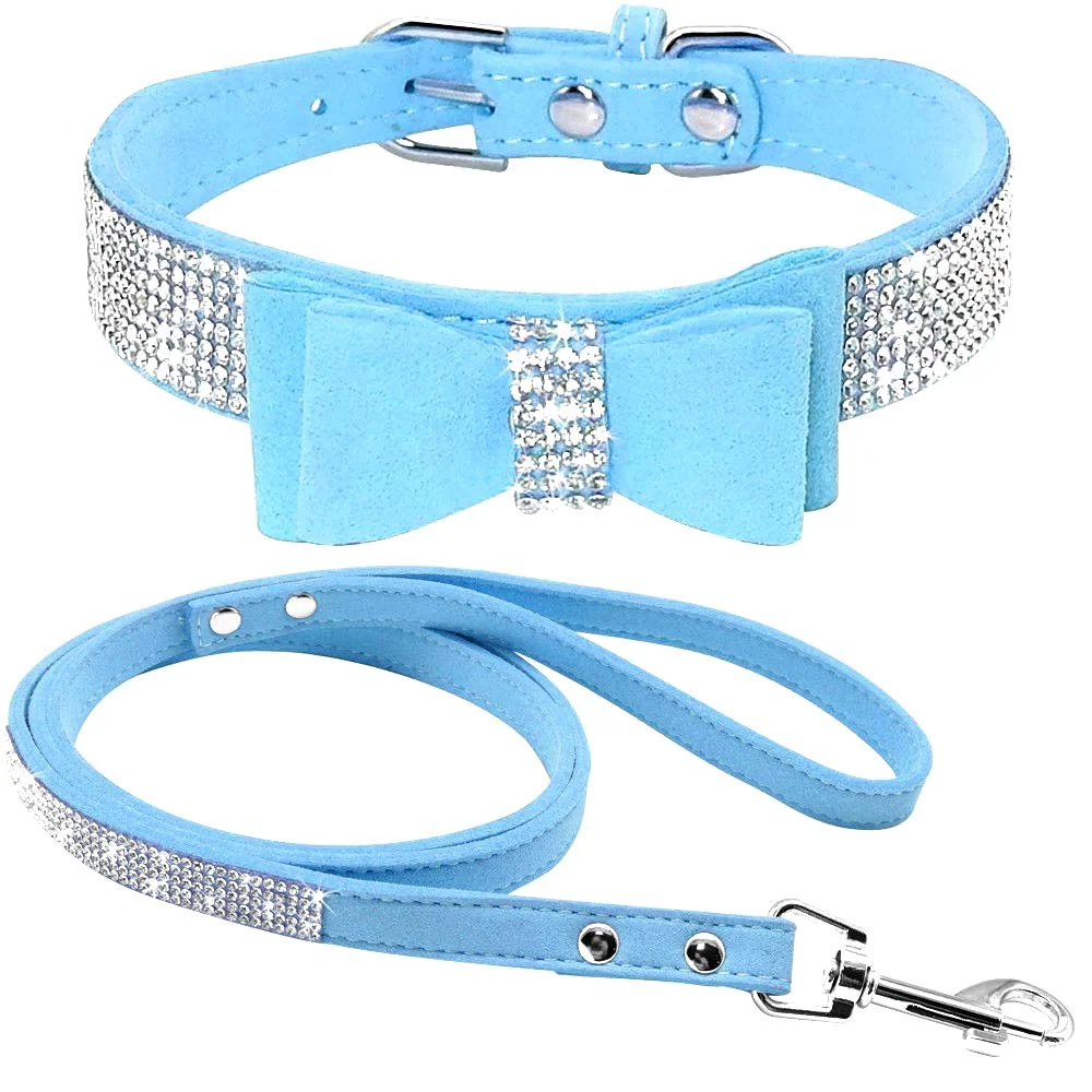 Top-Quality Haoyueer Blue Crystal Collar Leash Set for Pets — Soft Suede Leather Rhinestone Bling XS Convenient