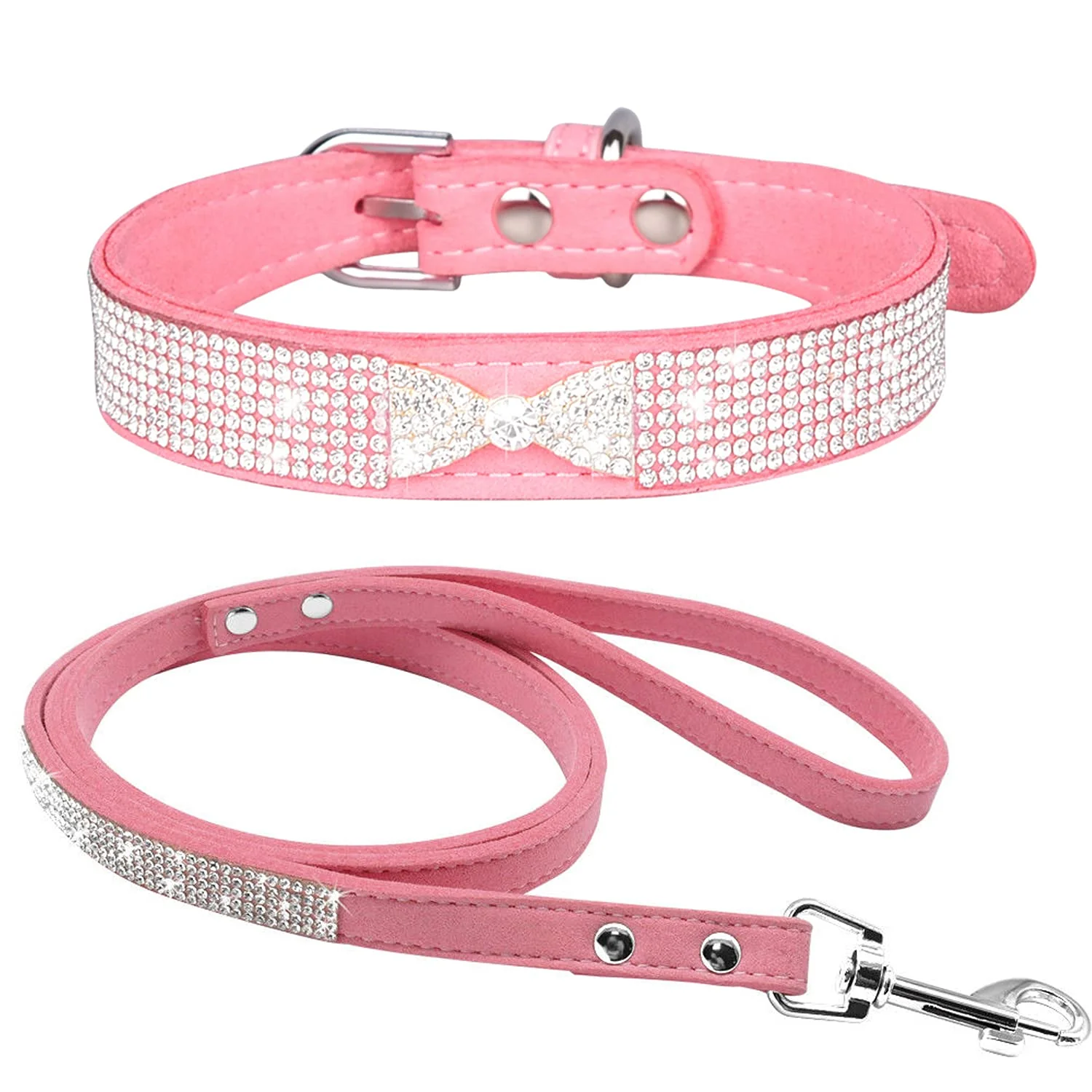 Certified haoyueer Crystal Rhinestone Pet Collar Leash Set – Pink Soft Suede Leather XS Long-Lasting