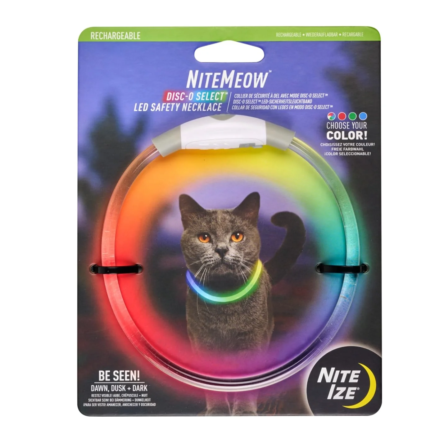Powerful Nite Ize NiteMeow Rechargeable LED Safety Necklace for Cats – Multi-Colored Visibility World-Class