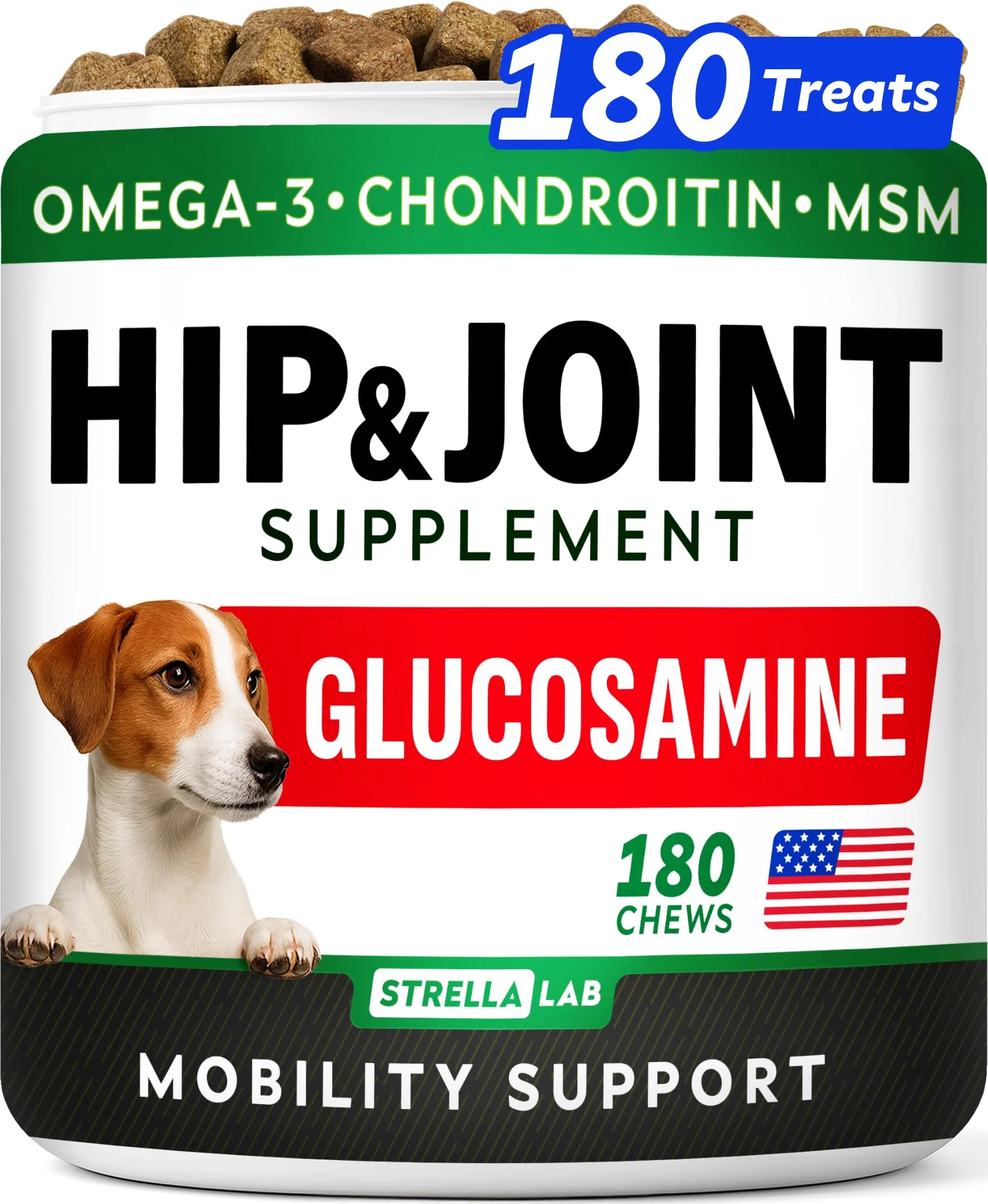 Effective STRELLALAB Glucosamine for Dogs – Hip Joint Chews with Omega-3 180 Ct Made in USA Specialty