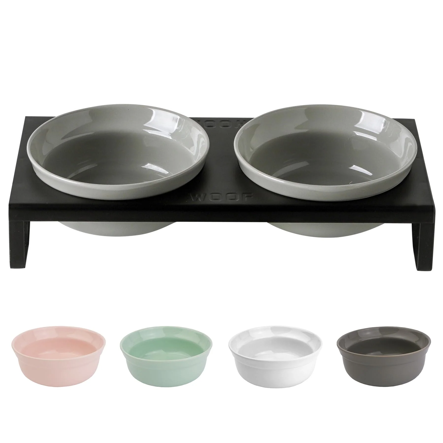 Pure TEAKISS Ceramic Grey Dog Bowl Set – d Porcelain Bowls with Metal Stand 2 Bowls 1 Stand for Indoor Cats Medium Dogs Excellent