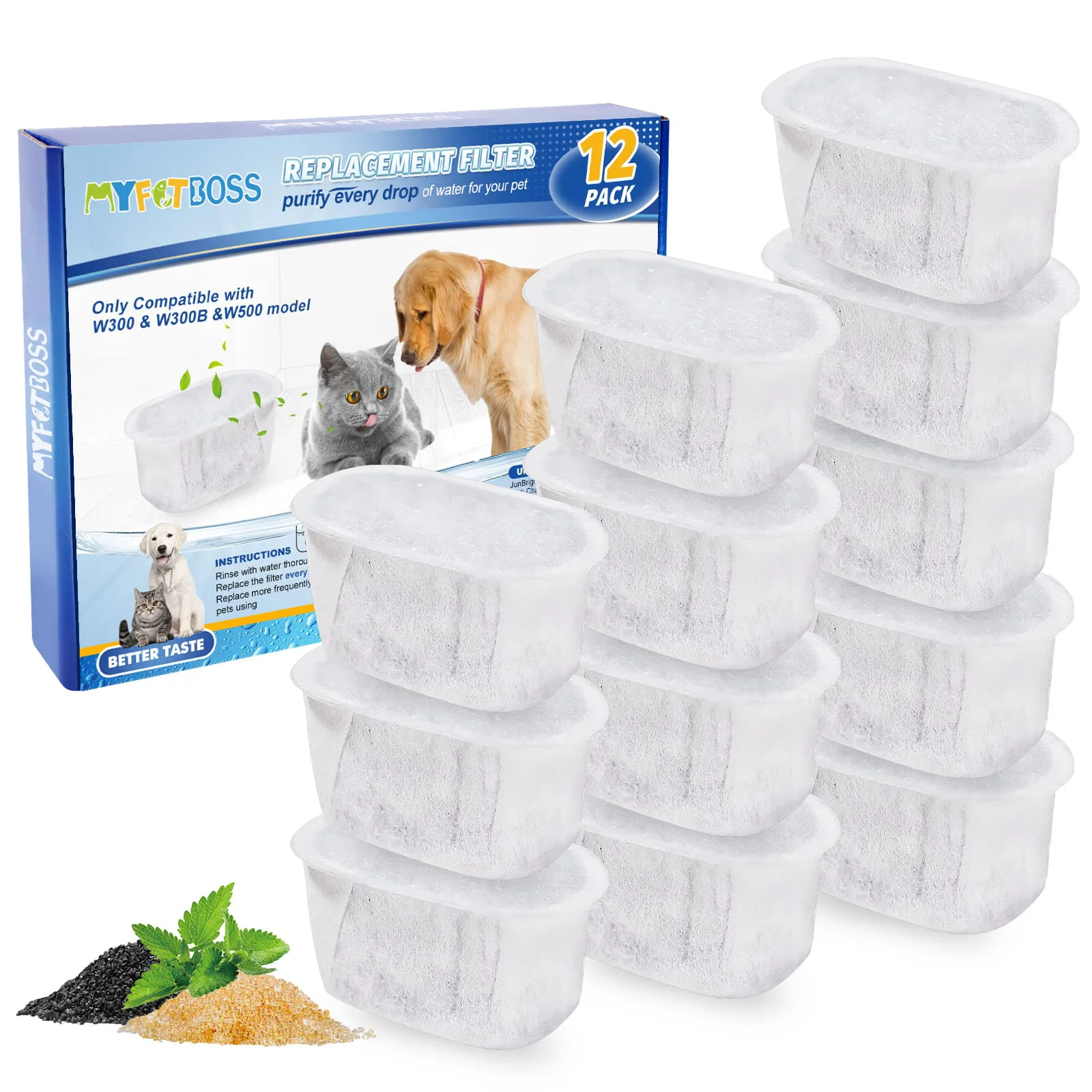 High-Quality MyfatBOSS 16 Pack Cat Water Fountain Filters for W300 W300B W500 — Triple Filtration Dependable