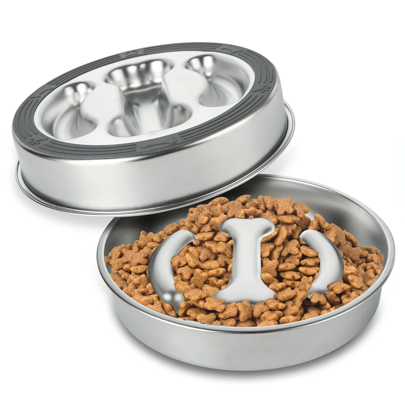 Solid EATHEATY 2 Pack Slow Feeder Dog Bowls – 3 Cup Stainless Steel Non-Slip Double-Sided Bone Design Minimalist
