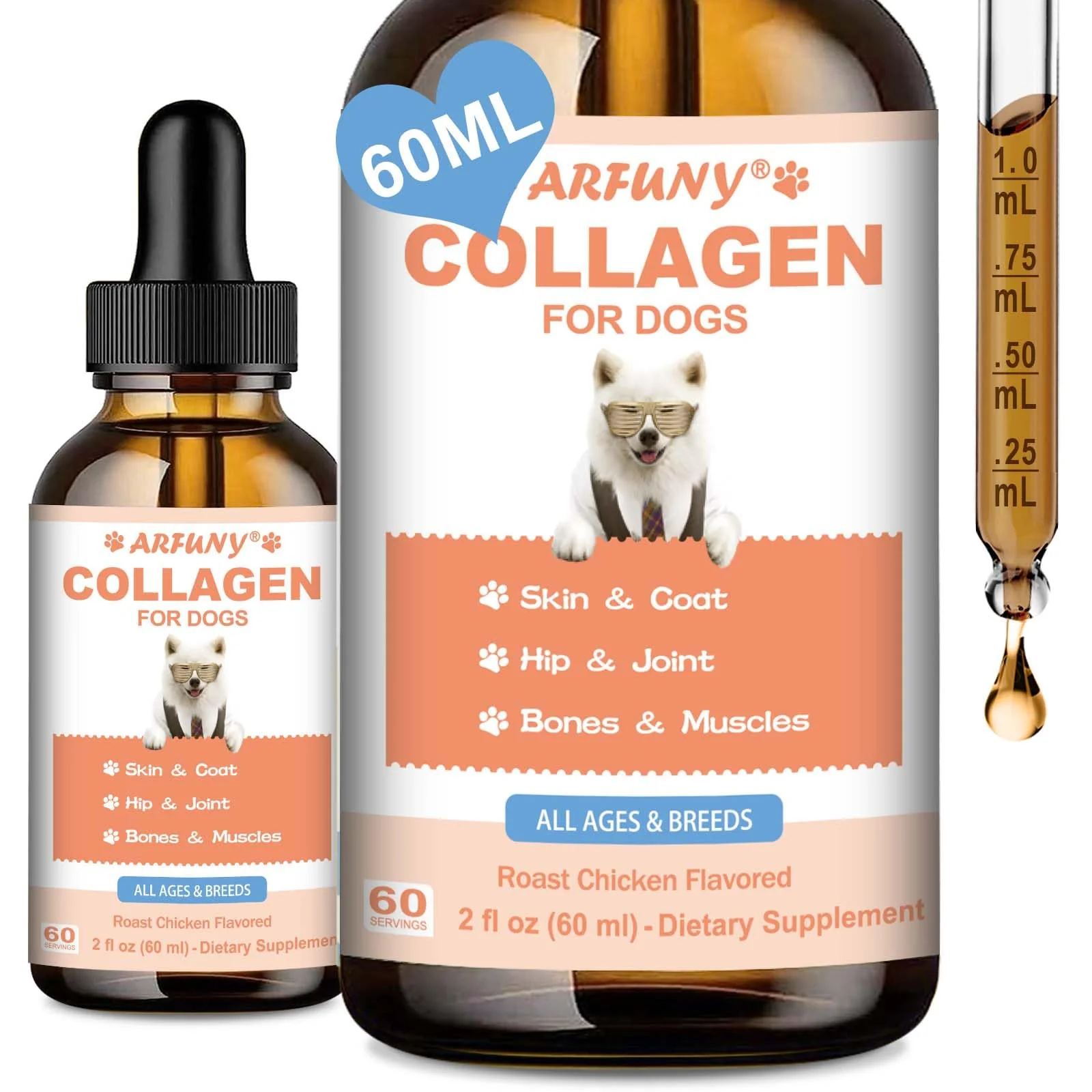 Casual SANTKOL Collagen for Dogs – Grass-Fed Drops for Joints Skin Coat Digestion Immune Support Roast Chicken Flavor 60 ml Long-Lasting