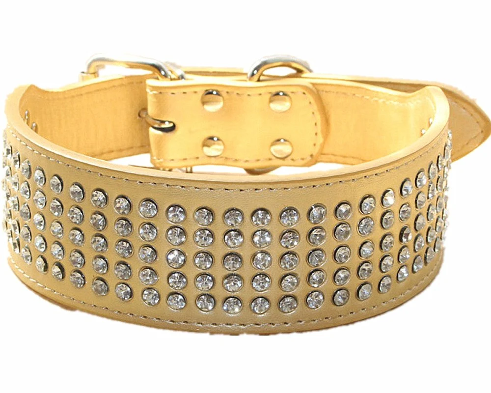 Fine Crafted Haoyueer Rhinestones Dog Collar – 5-Row Crystal Bling Gold PU Leather 2in Wide for Medium Large Dogs Stylish