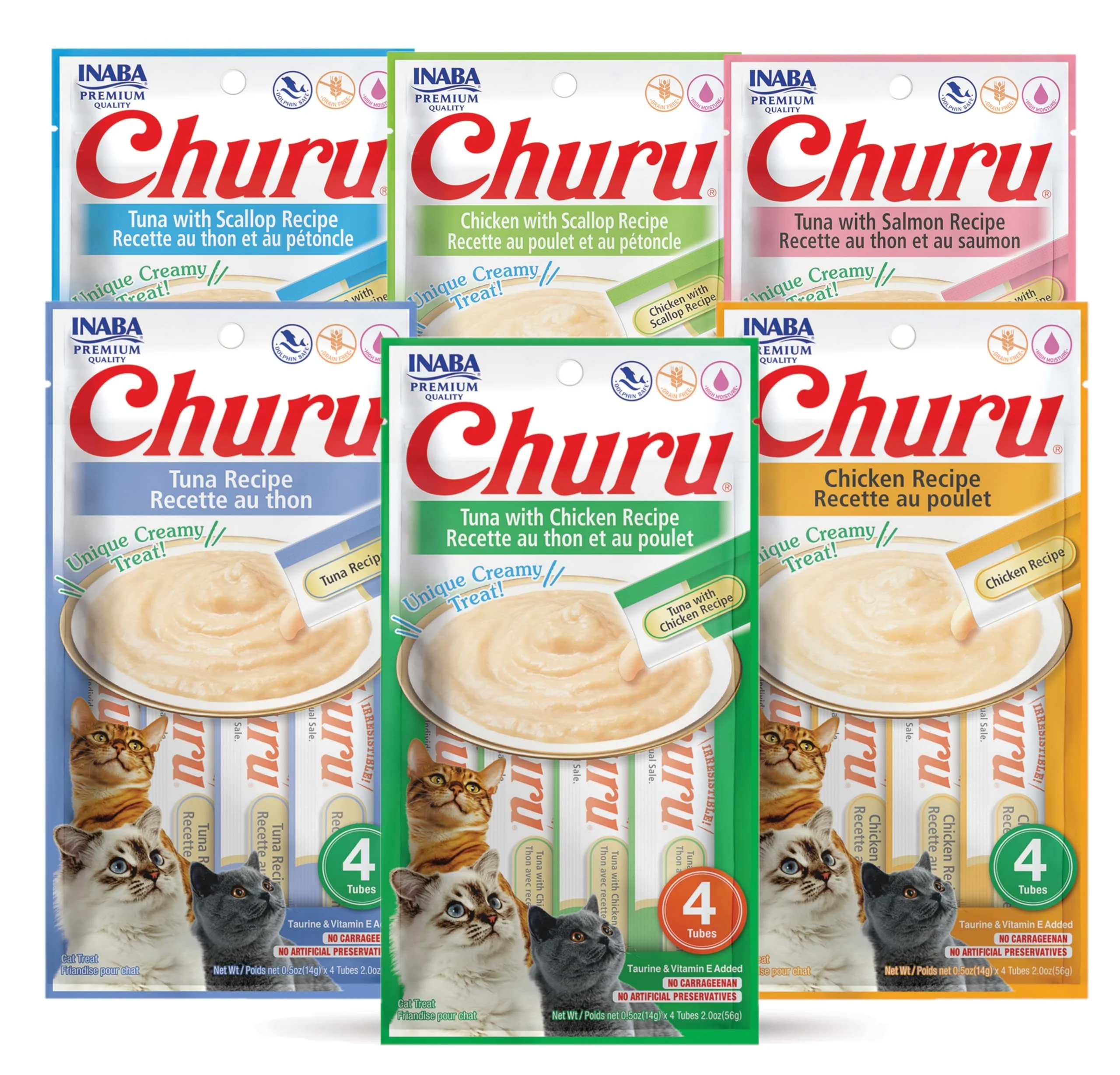 Outstanding INABA Churu Lickable Purée Wet Cat Treats — Grain- 91 Moisture Vitamin E Green Tea 6-Flavor Pack 24 Tubes Secure