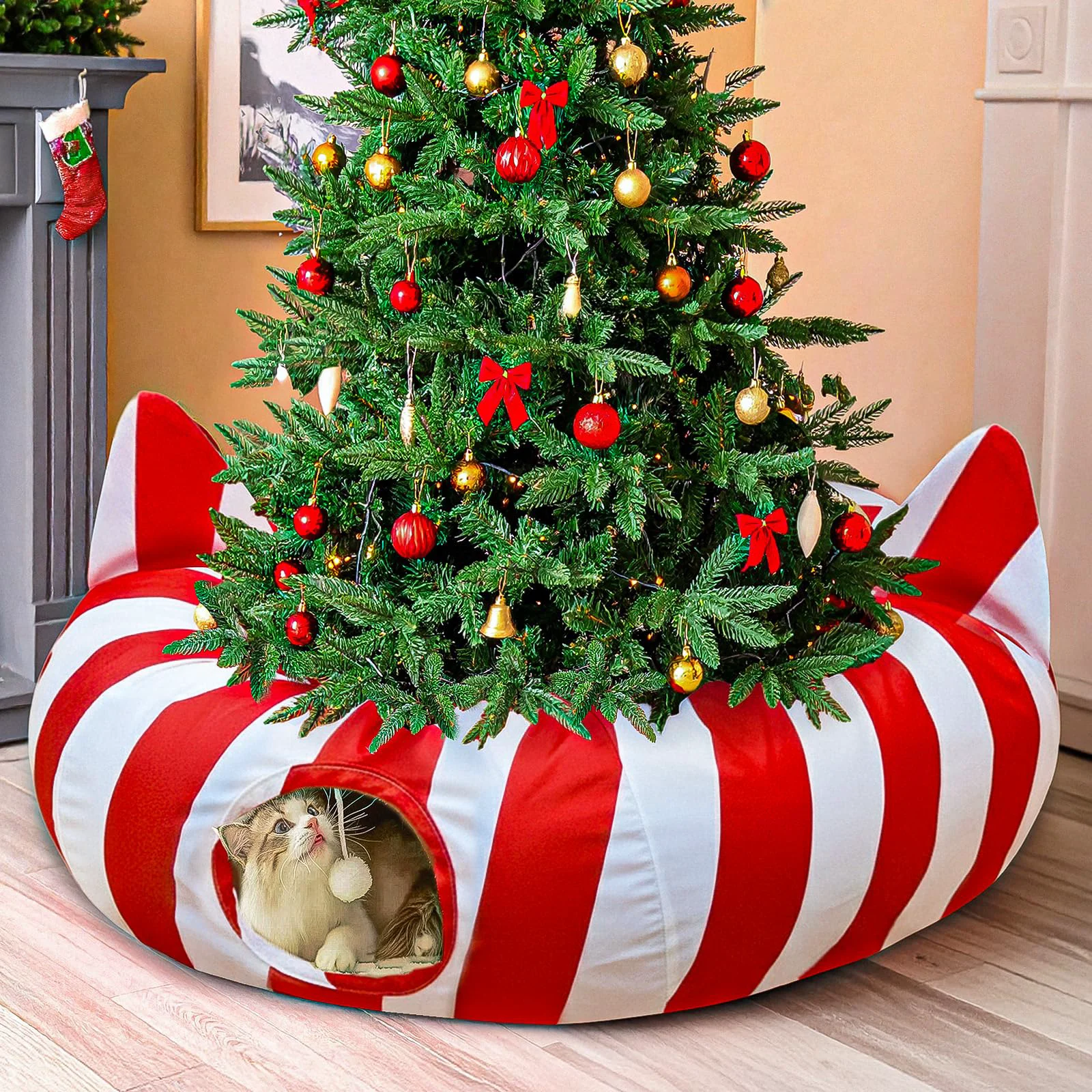 Crafted GUDELAK Cat Tunnel Bed with Christmas Tree Skirt — 3-in-1 Cozy Play Festive Decor Breathable