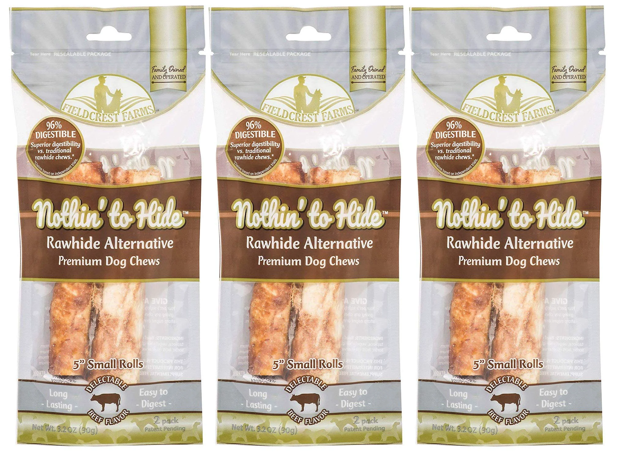 Reliable Fieldcrest Farms Nothing to Hide Natural Rawhide 5-Inch Rolls for Dogs – 3-Pack Beef Detailed