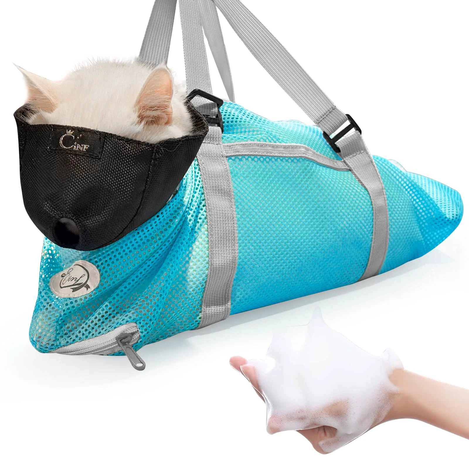 Next-Generation Cinf Cat Bathing Bag with Muzzle – Breathable Mesh Grooming Bag Light Blue M Organic