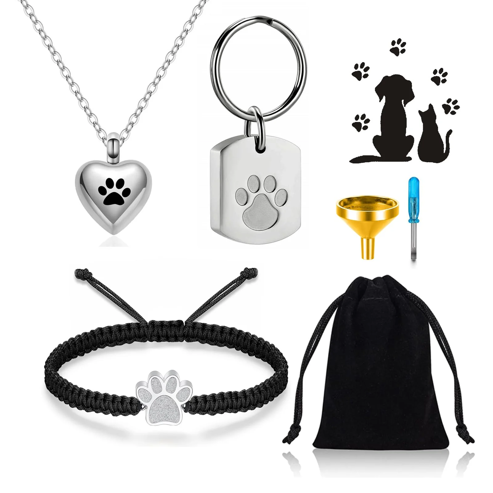 Solid RIPFEVURN 3 Pcs Pet Cremation Jewelry Set – Ashes Keepsake Bracelet Necklace Keychain Silver Trendy