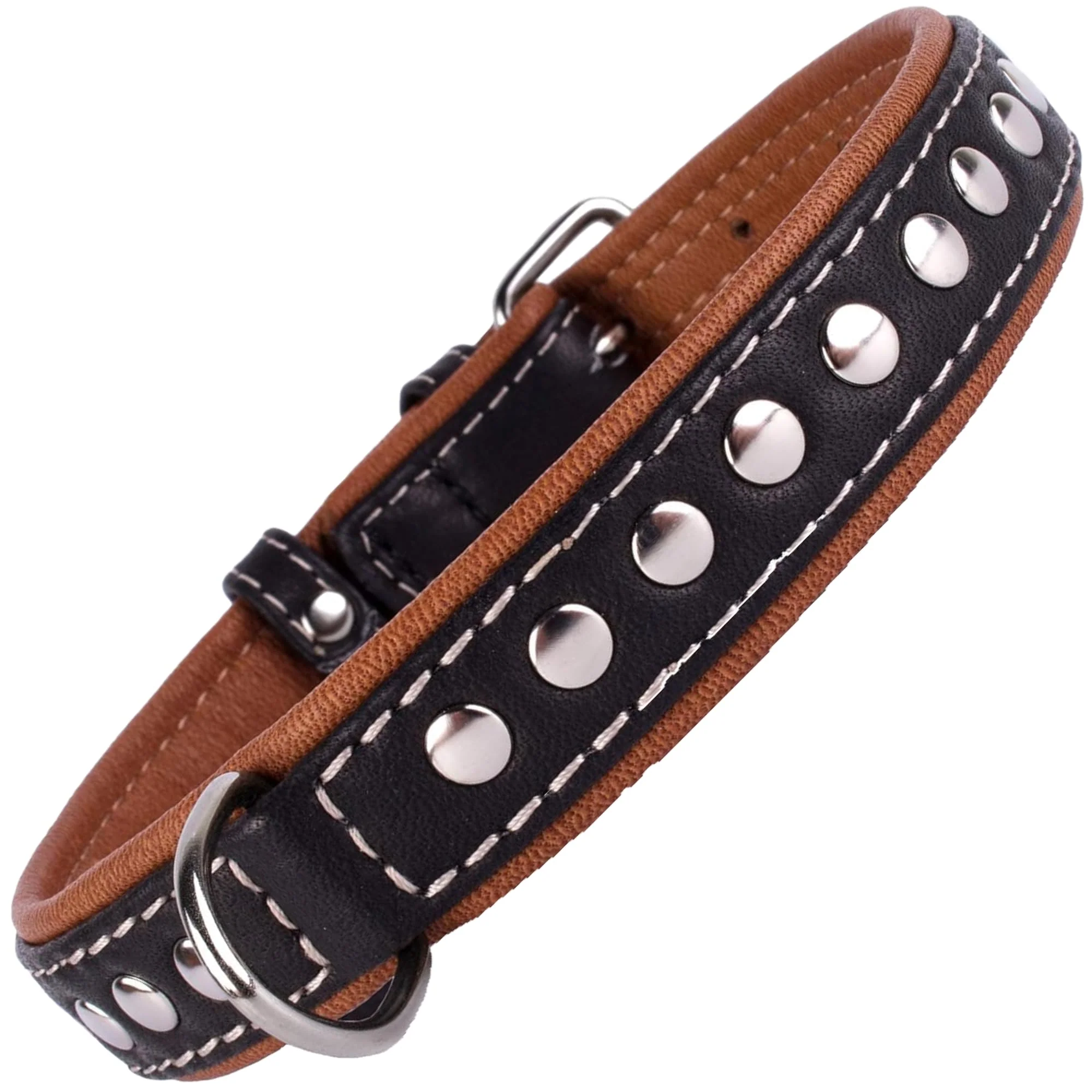 Carefully Designed CollarDirect Studded Leather Dog Collar — Soft-Padded Leather Black or Brown XS-XL Detailed