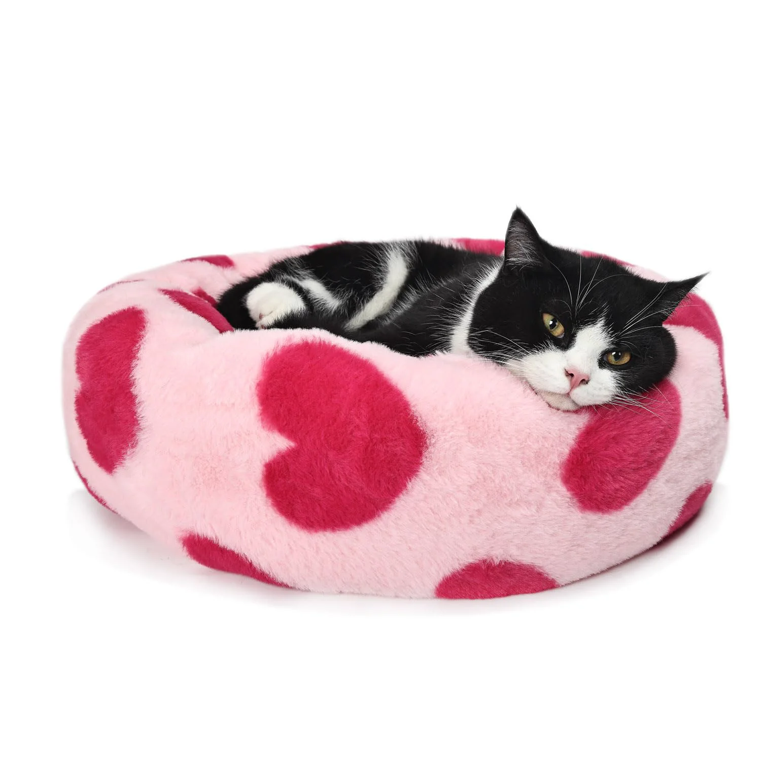Certified wrk Small Cat Bed – Washable Donut with Pink Heart Pattern Calming Orthopedic Support 20 Inch Classic