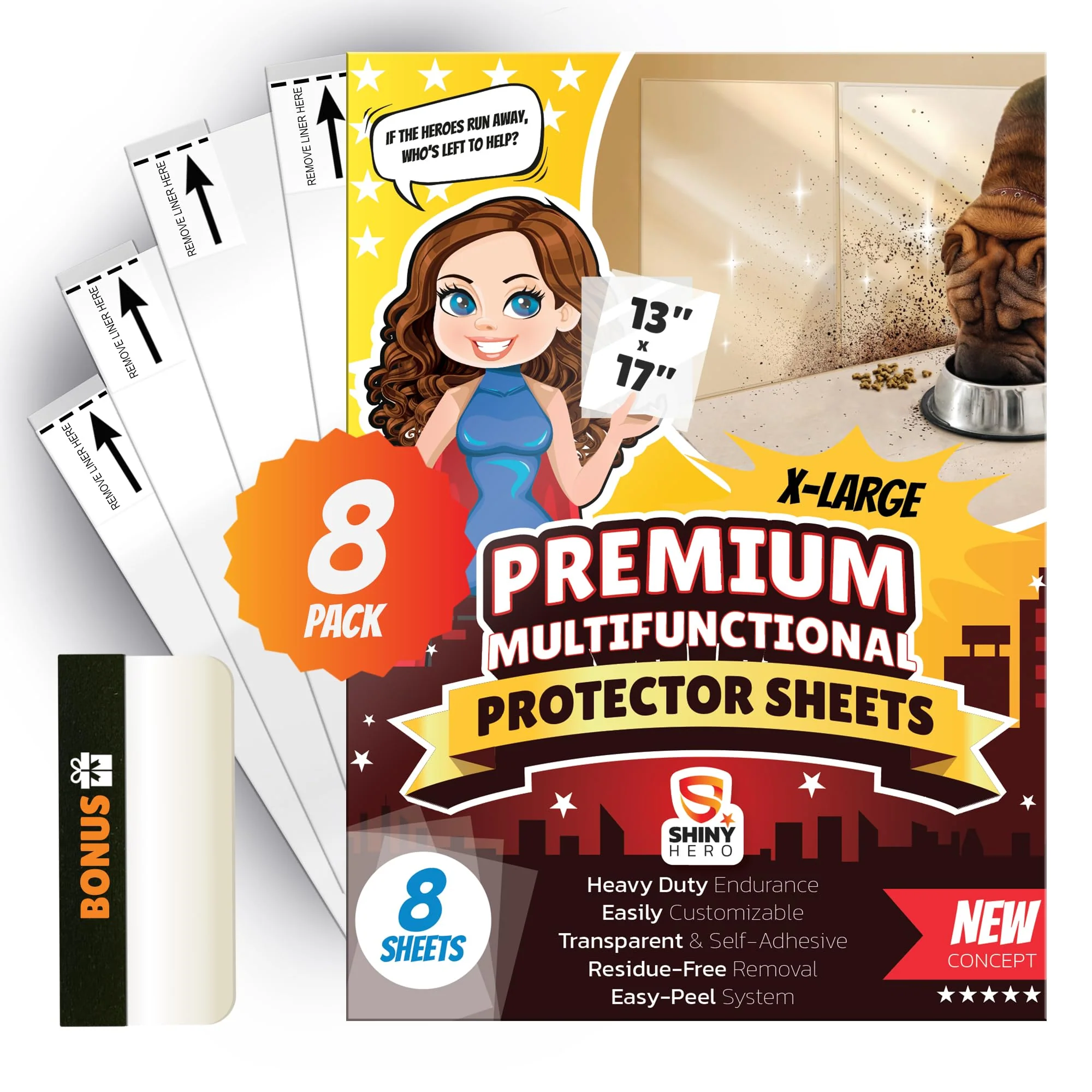 Original Design Shiny Hero 8-Pack Clear Wall Door Protector – Self-Adhesive Transparent Scratch Deterrent Film World-Class