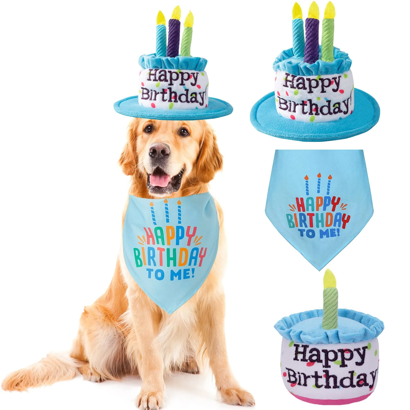 Premium Ushang Pet Large Dog Birthday Cake Hat Bandana Set in Blue Elegant
