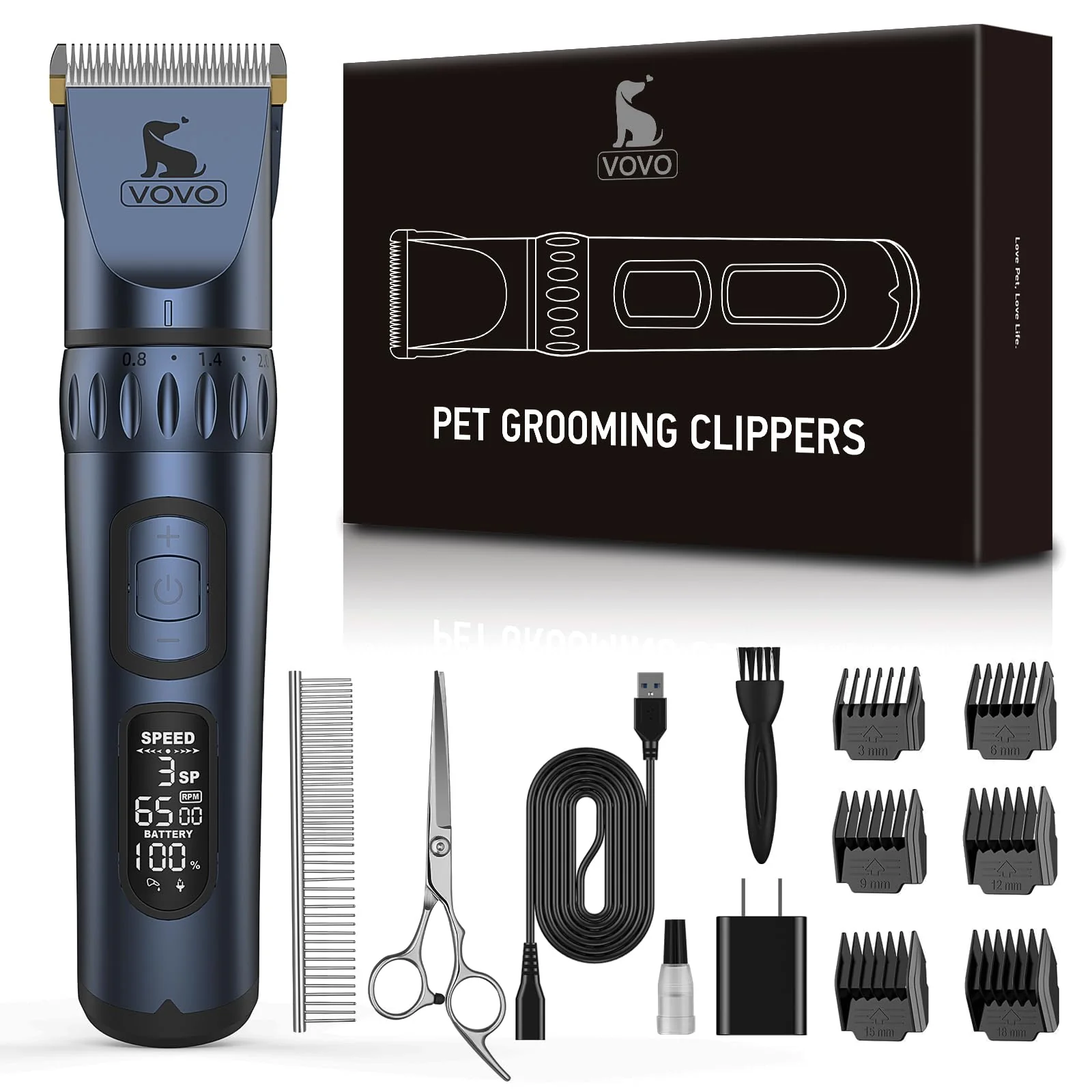 Proven Vovo Dog Clippers – 3-Speed Heavy Duty Low Noise Cordless Grooming Kit Blue Breathable