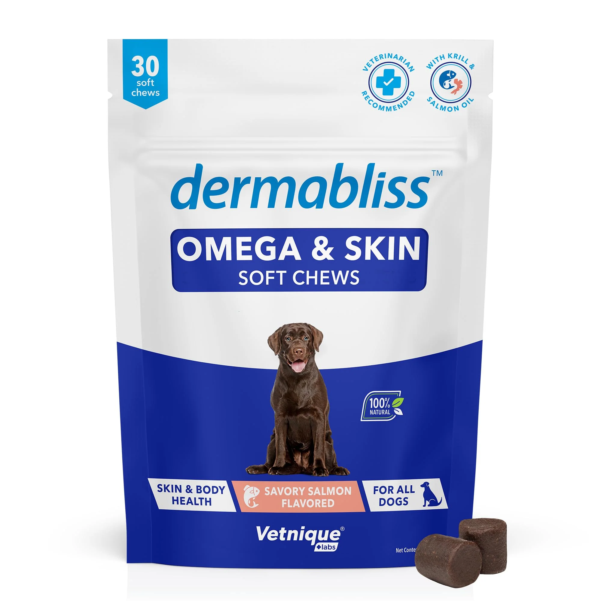 Original Vetnique Dermabliss Omega Skin Health Dog Fish Oil Soft Chews – Biotin DHA EPA 30 ct Verified