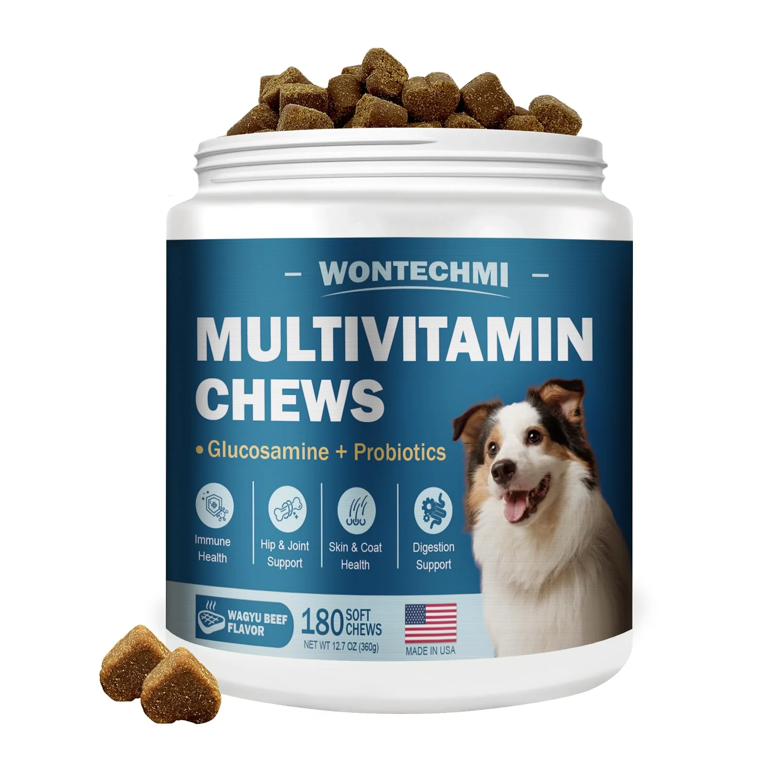 Sophisticated WONTECHMI Dog Multivitamin – 180 Wagyu Beef Chews with Glucosamine Probiotics Pure