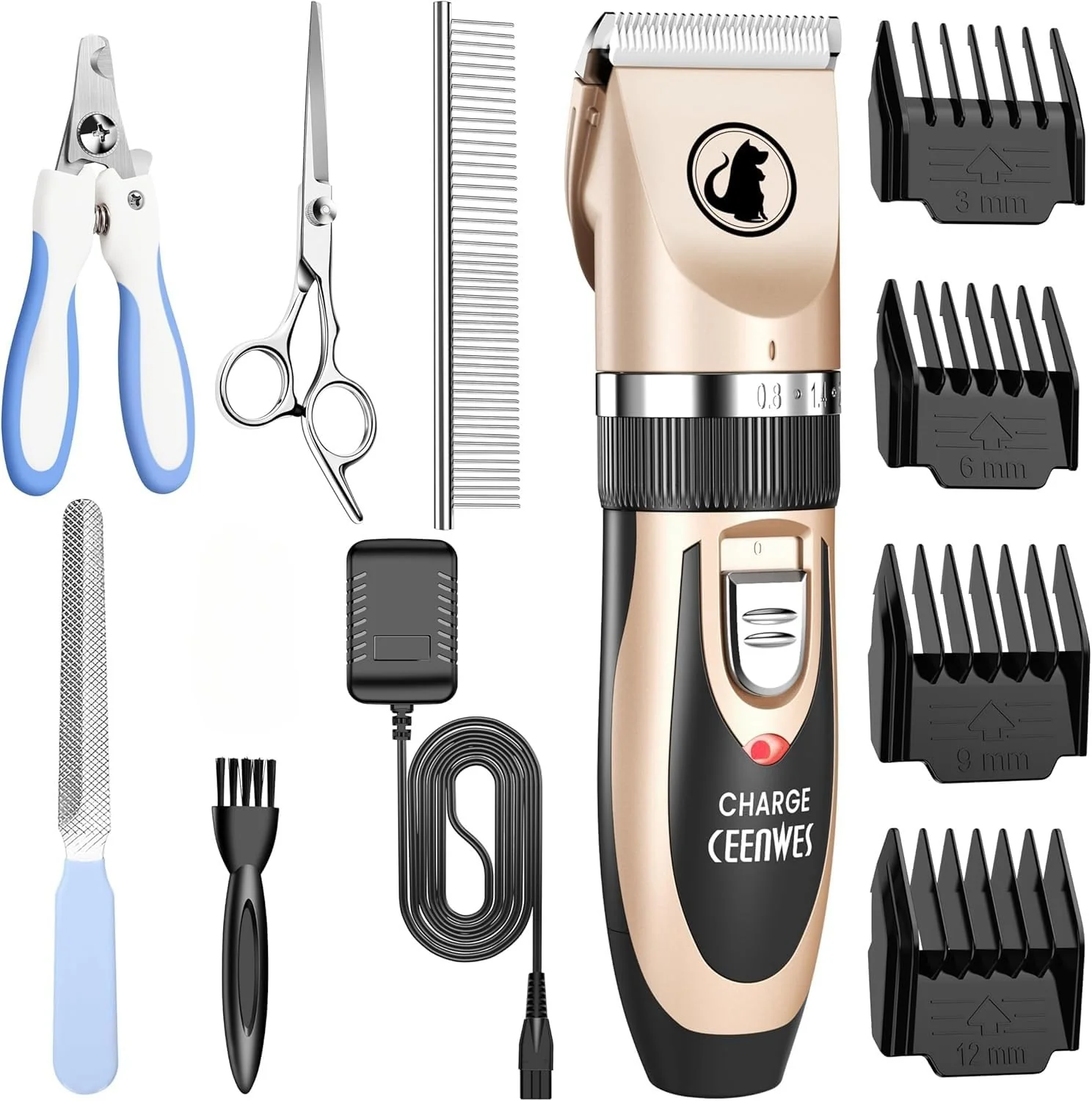 Smooth Ceenwes Dog Clippers Low Noise Cordless Grooming Tool – 11-Tool Pet Hair Trimmer with Comb Guides Scissors Gold Original